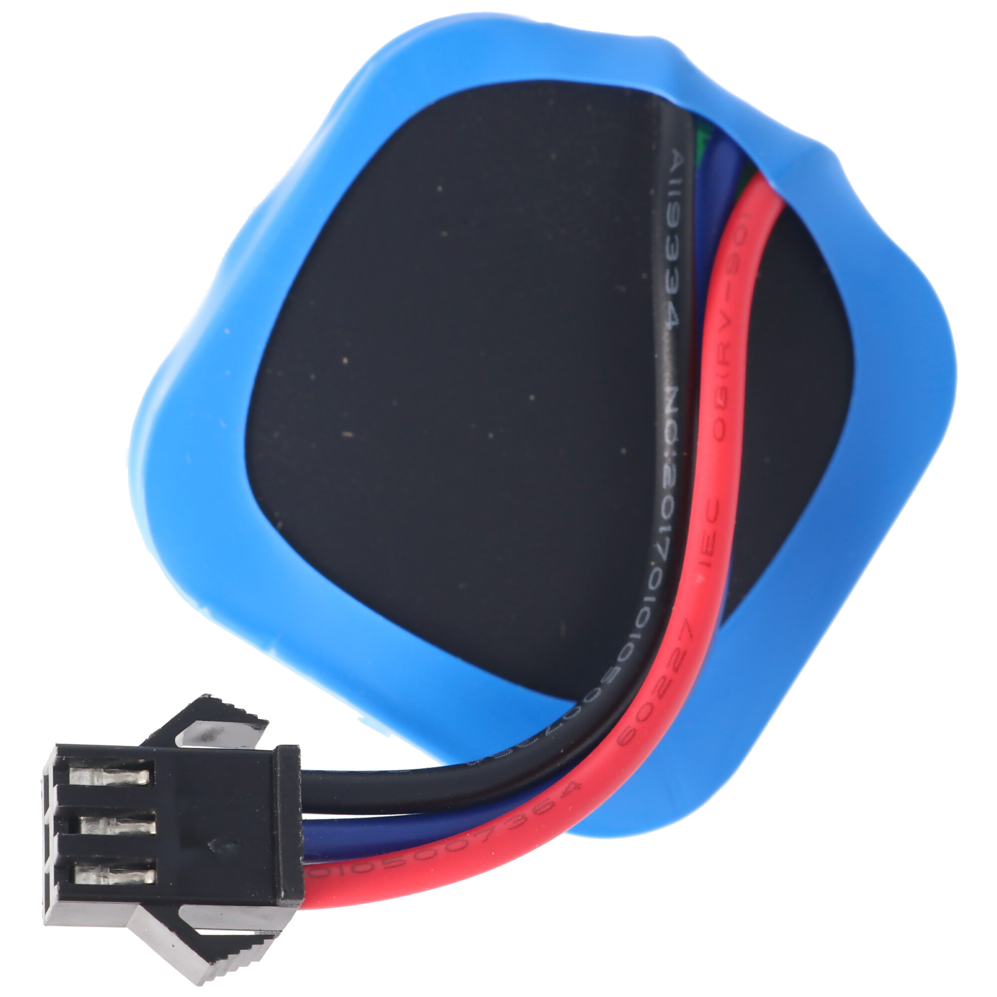 Batterie mit blauer Hülle, schwarzen und roten Drähten und einem schwarzen Stecker.