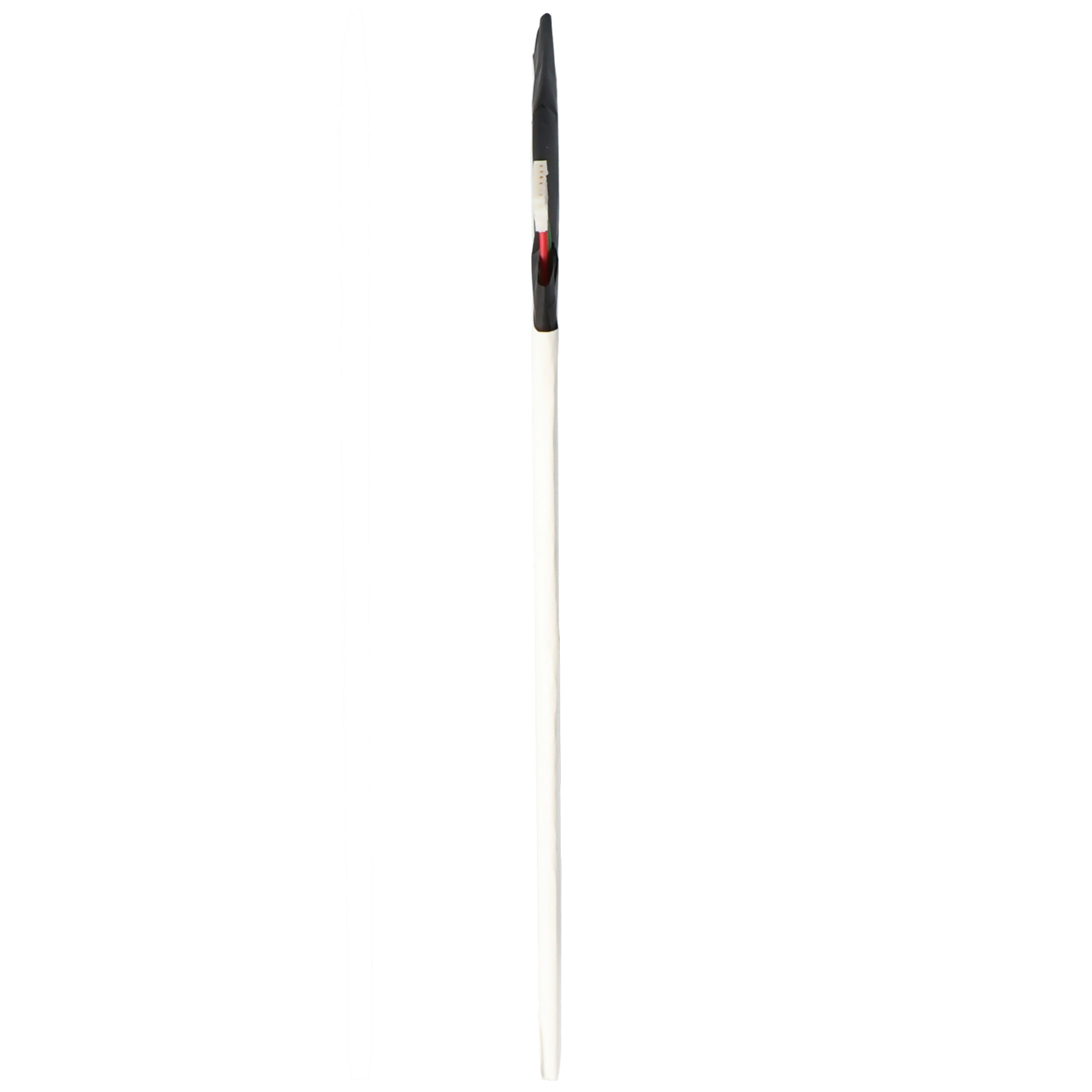 Ein langer, weißer, dünner Stab mit einem schwarzen und roten Oberteil.