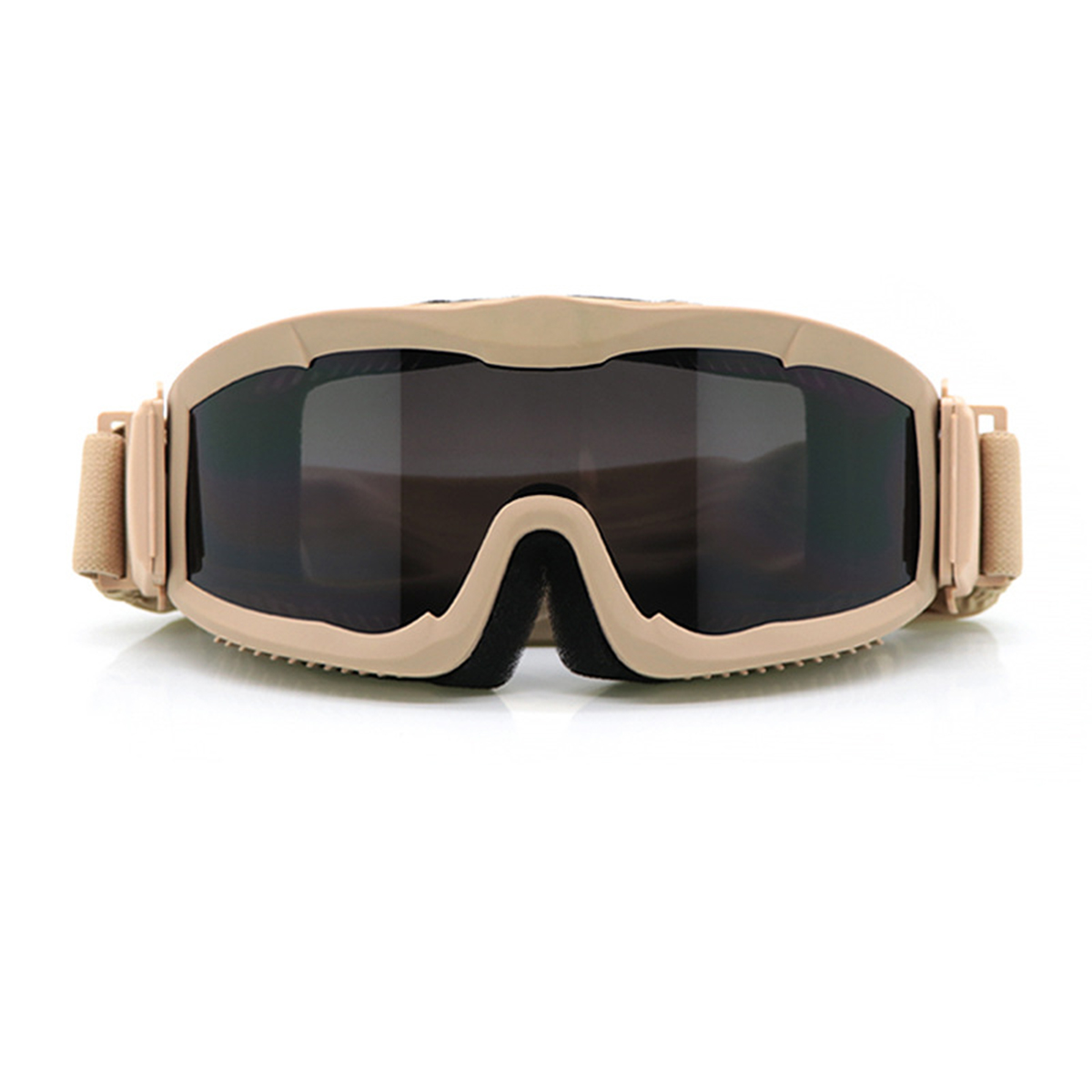 Militärische Schutzbrille mit beigefarbenem Rahmen und dunklen Gläsern.