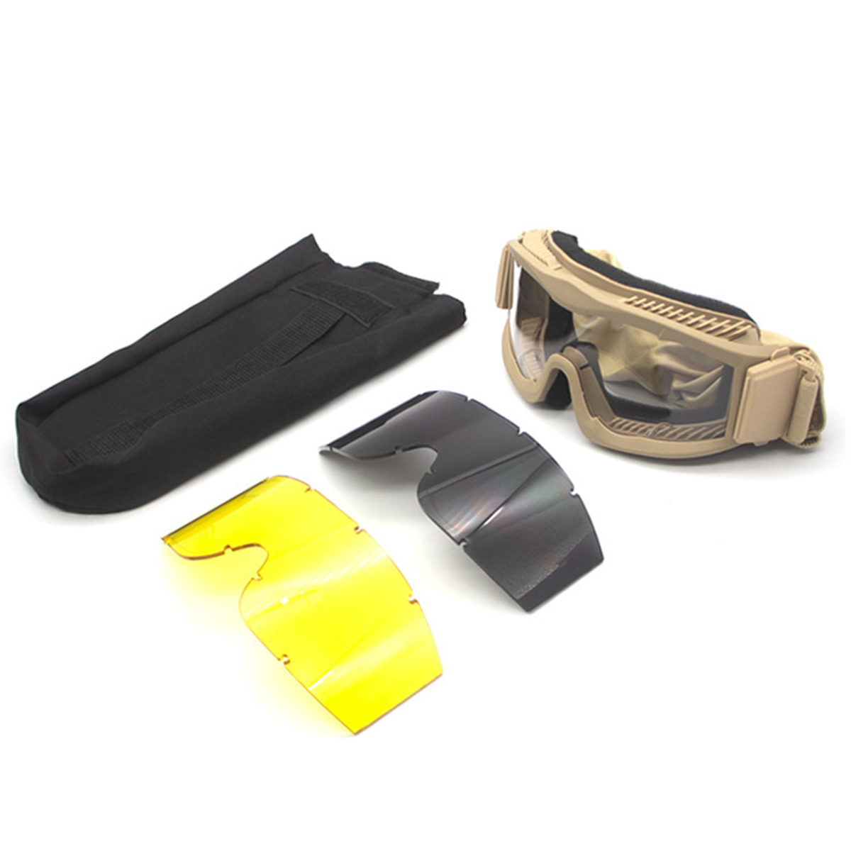 Militärische Schutzbrille mit drei Gläsern, einem schwarzen Etui und einer gelben und schwarzen Linse.