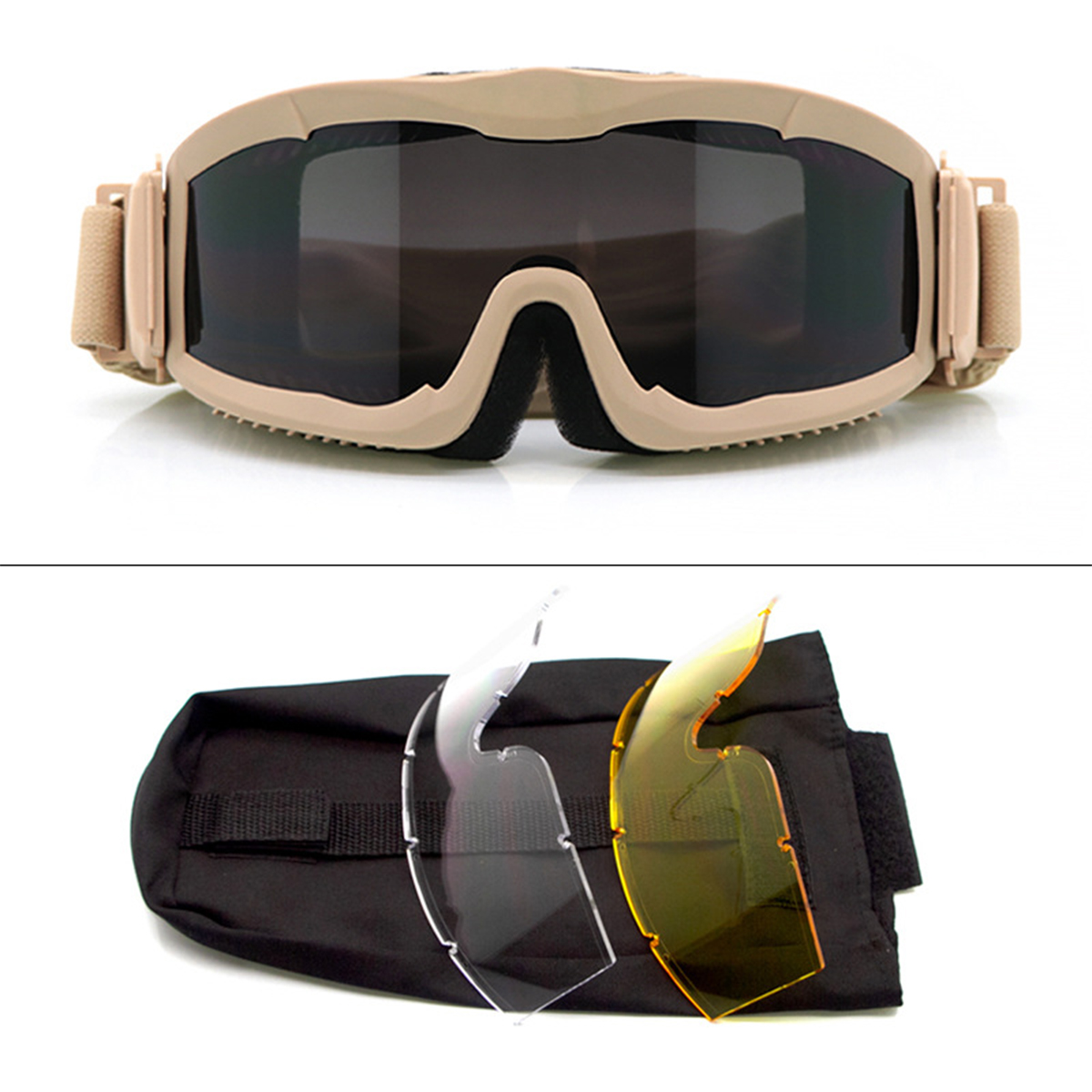 Brille mit Khaki-Rahmen, dunklen Gläsern und einer schwarzen Hülle mit klaren und gelben Ersatzgläsern.
