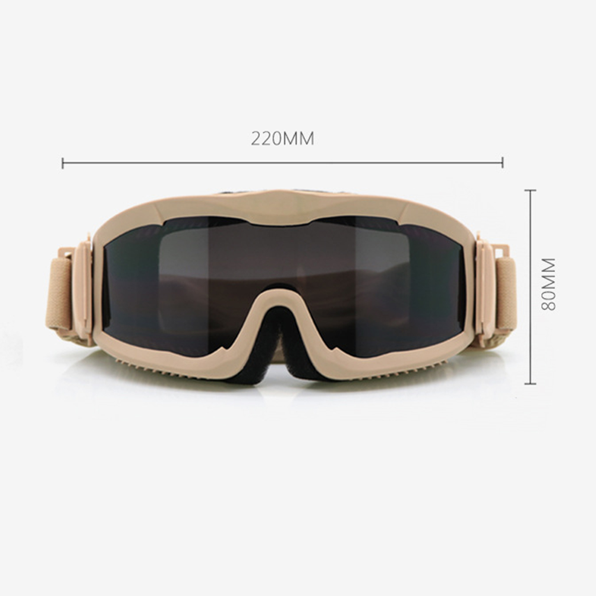 Beigefarbene Schutzbrille mit schwarzen Gläsern. Abmessungen: 220 mm x 80 mm.