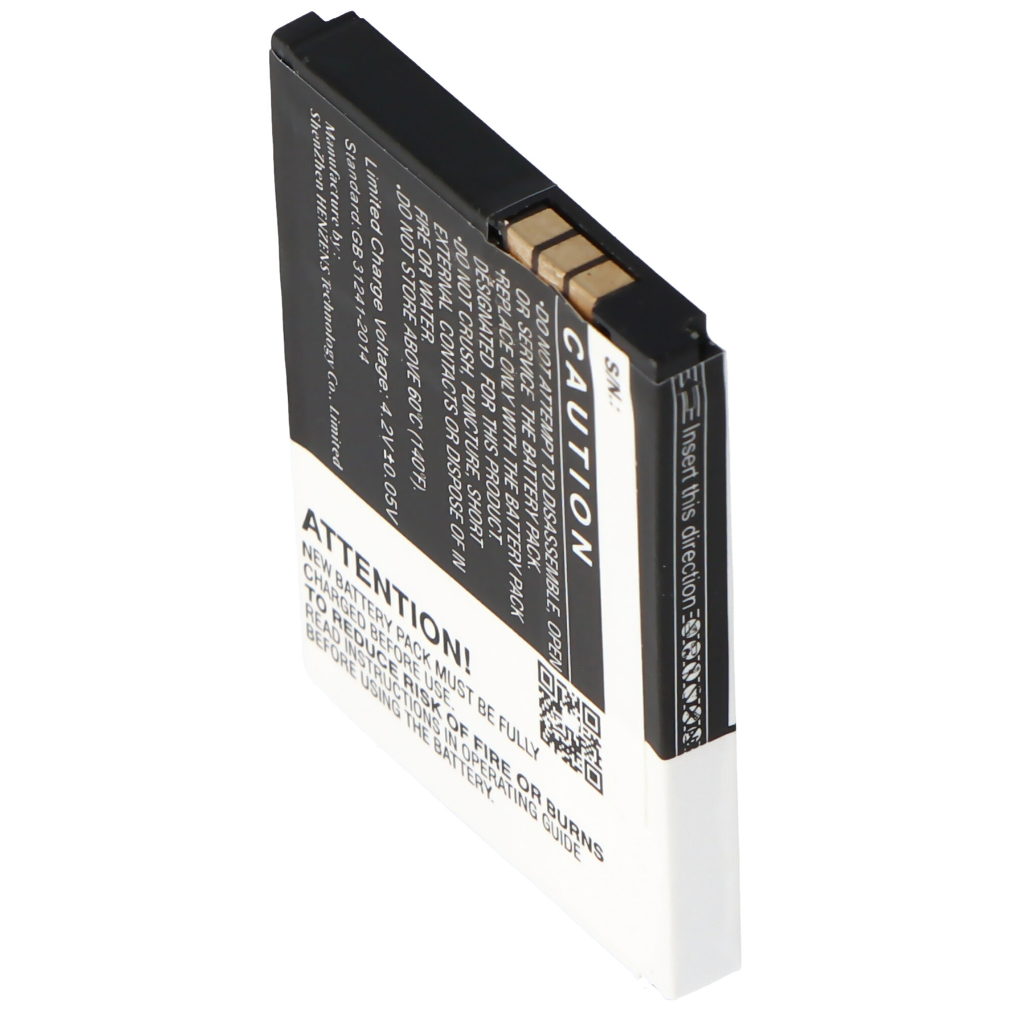 Schwarz-weiße Telefonbatterie mit Warnhinweis, schräge Ansicht.