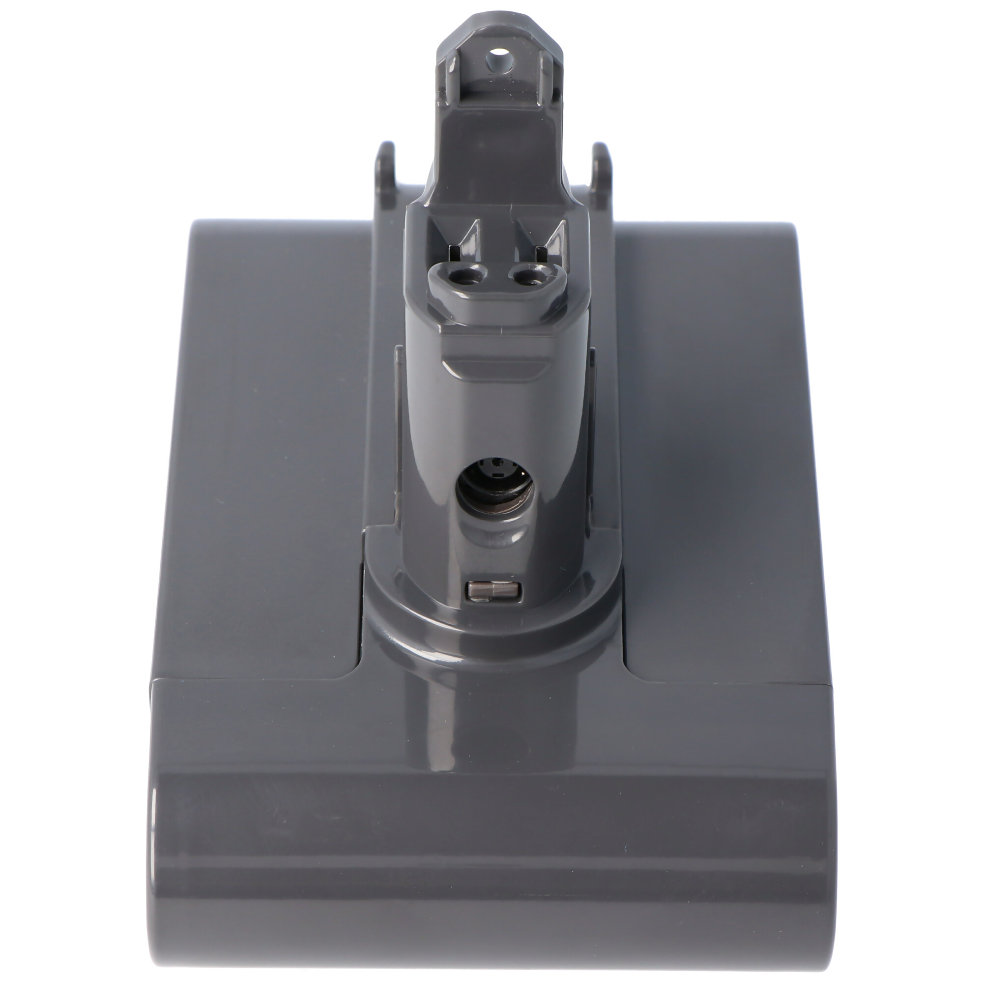 Graue Dyson-Staubsaugerbatterie. Rechteckige Form mit einem Loch und einem Anschluss.
