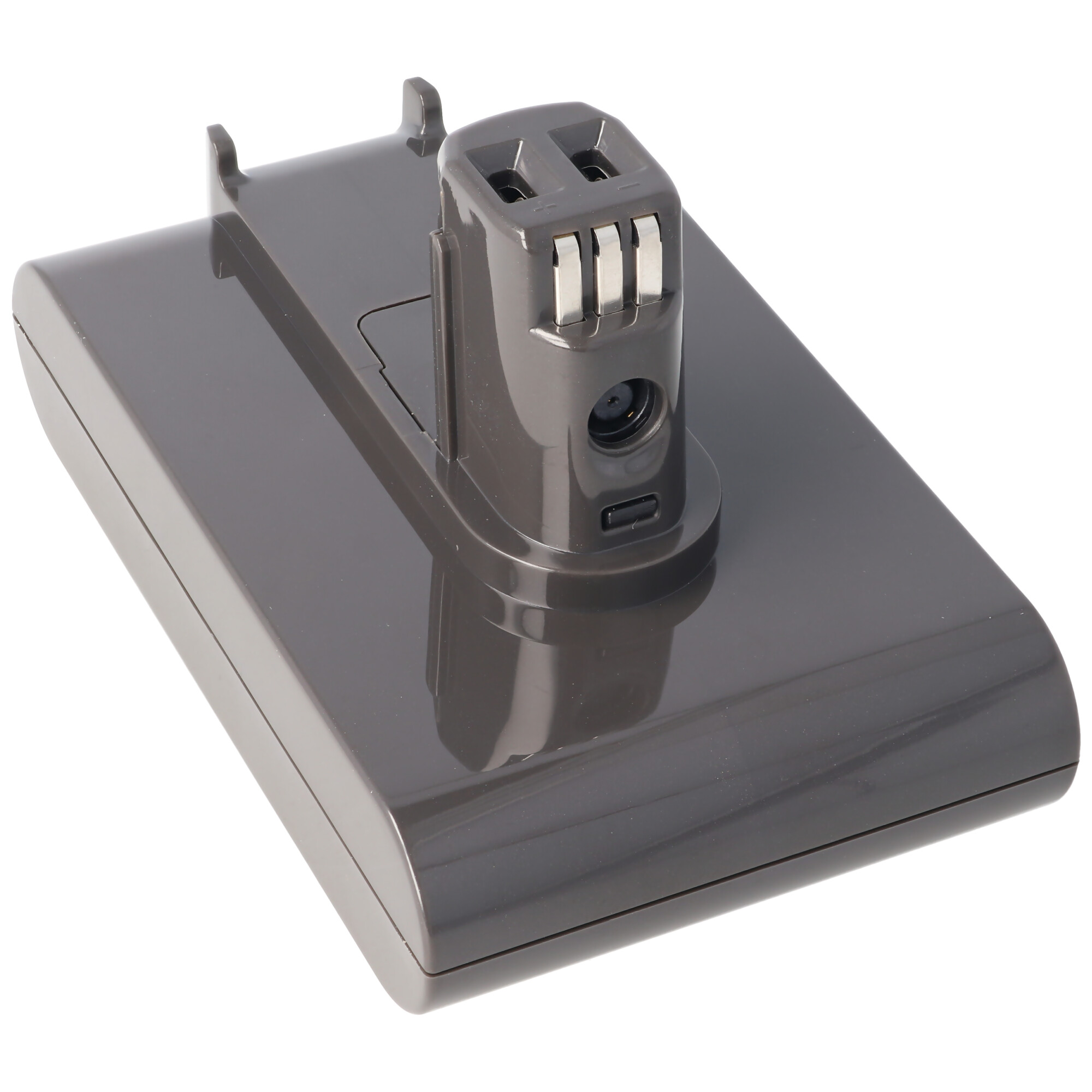 Graue Dyson-Staubsaugerbatterie. Sie hat einen Ladeanschluss und einen Power-Knopf.