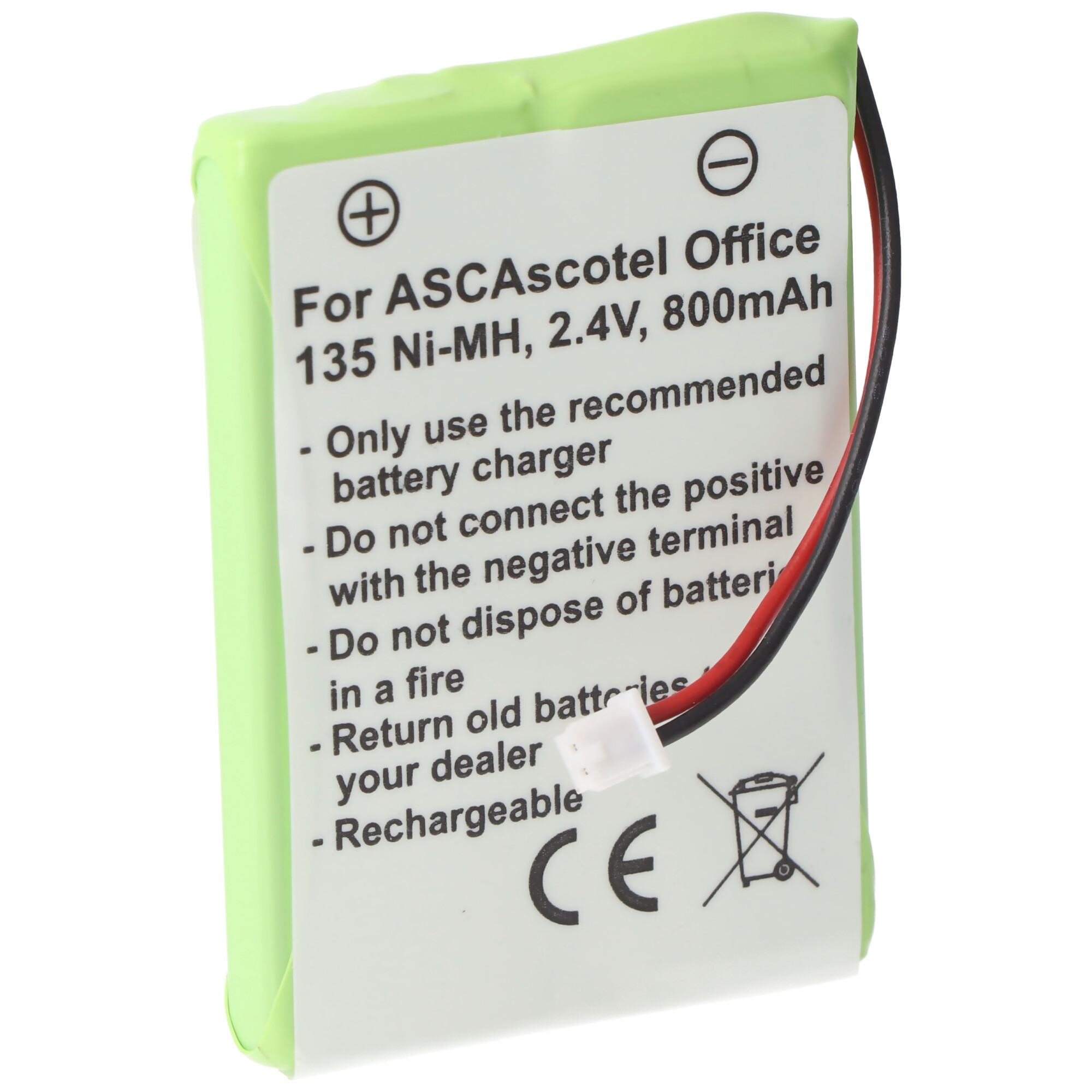 Eine hellgrüne Batterie mit Text, weißem Stecker und einem Recycling-Symbol.