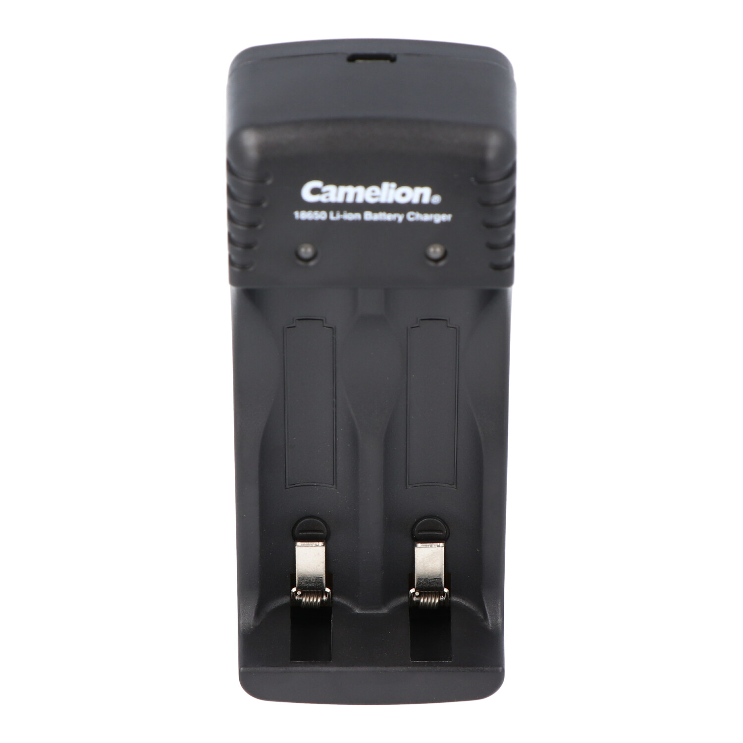 Ein schwarzes Batterieladegerät mit zwei Ladeschlitzen und dem Markennamen Camelion auf weißem Hintergrund.