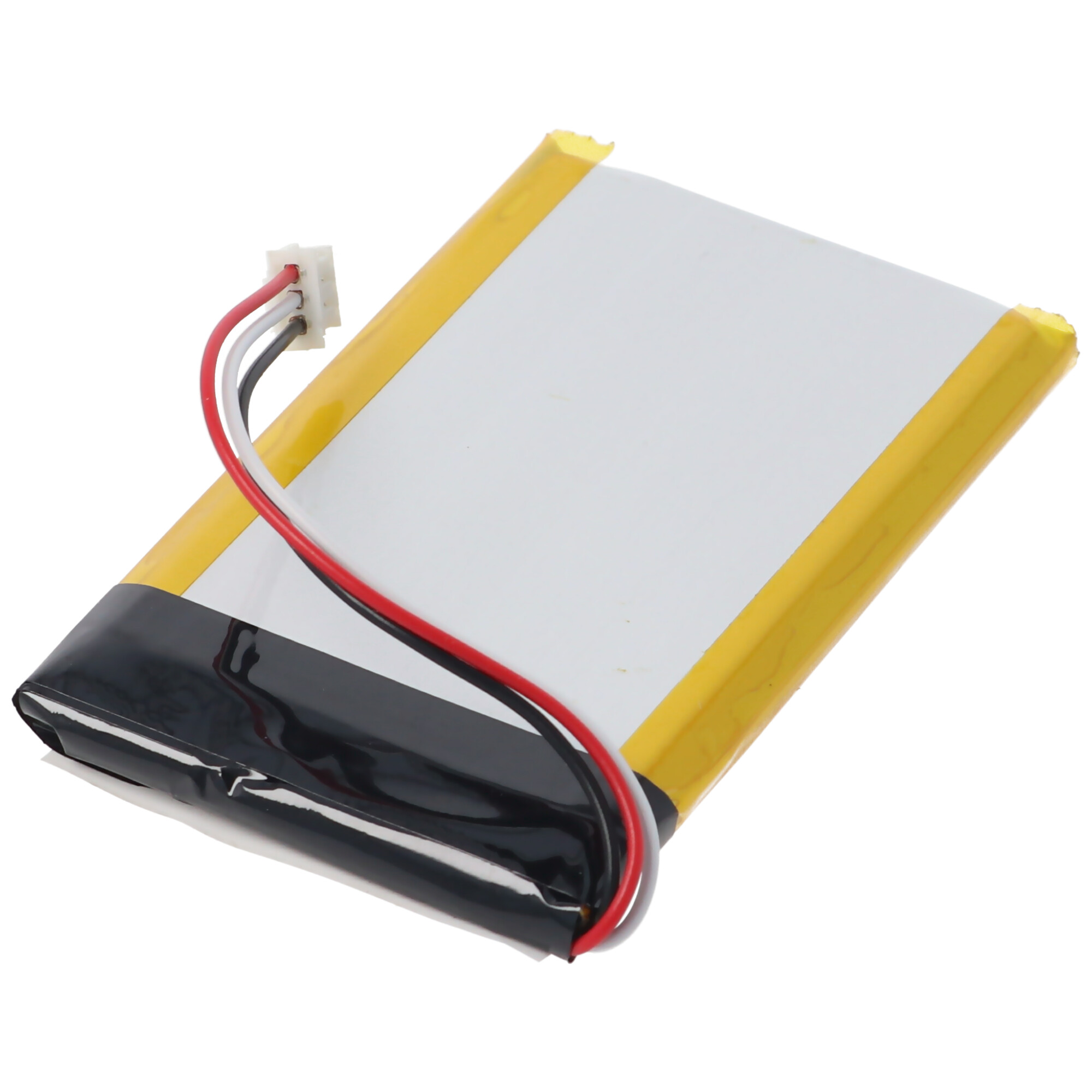 Eine flache Batterie mit gelbem Rand, weißer Mitte, schwarzem Klebeband und Drähten.