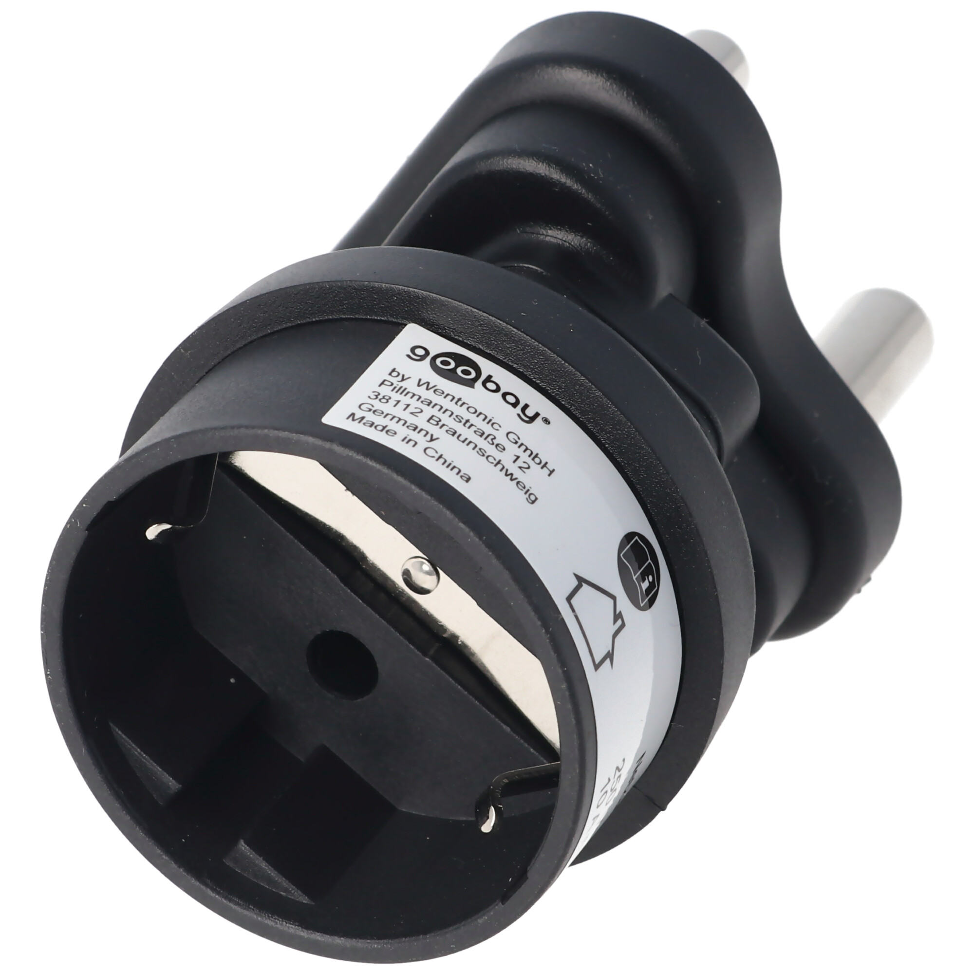 Schwarzer Netzadapter. Der Adapter hat einen runden Stecker und Text auf der Seite.