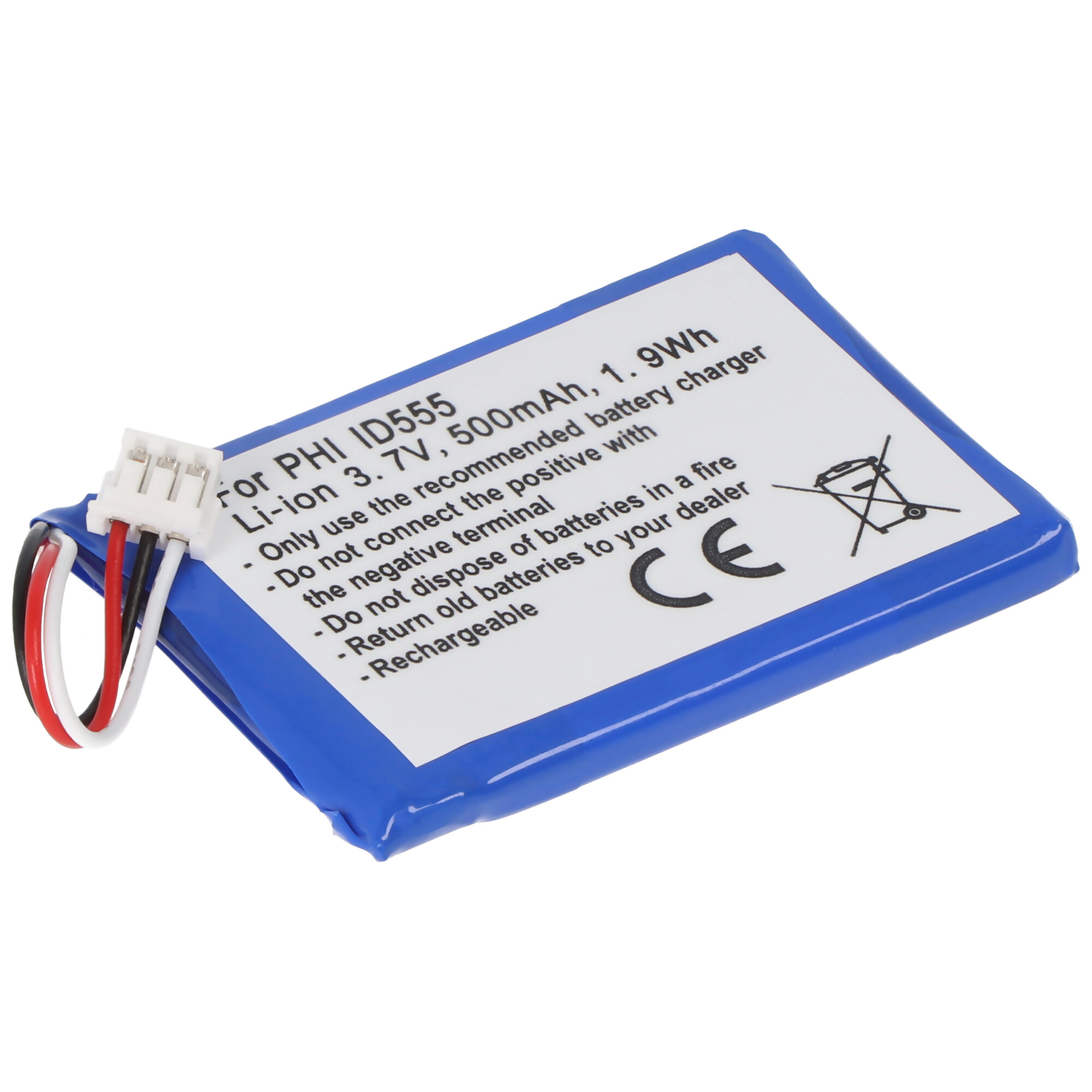 Blaue Li-Ionen-Batterie mit weißem Etikett. Text enthält Warnungen und technische Daten.