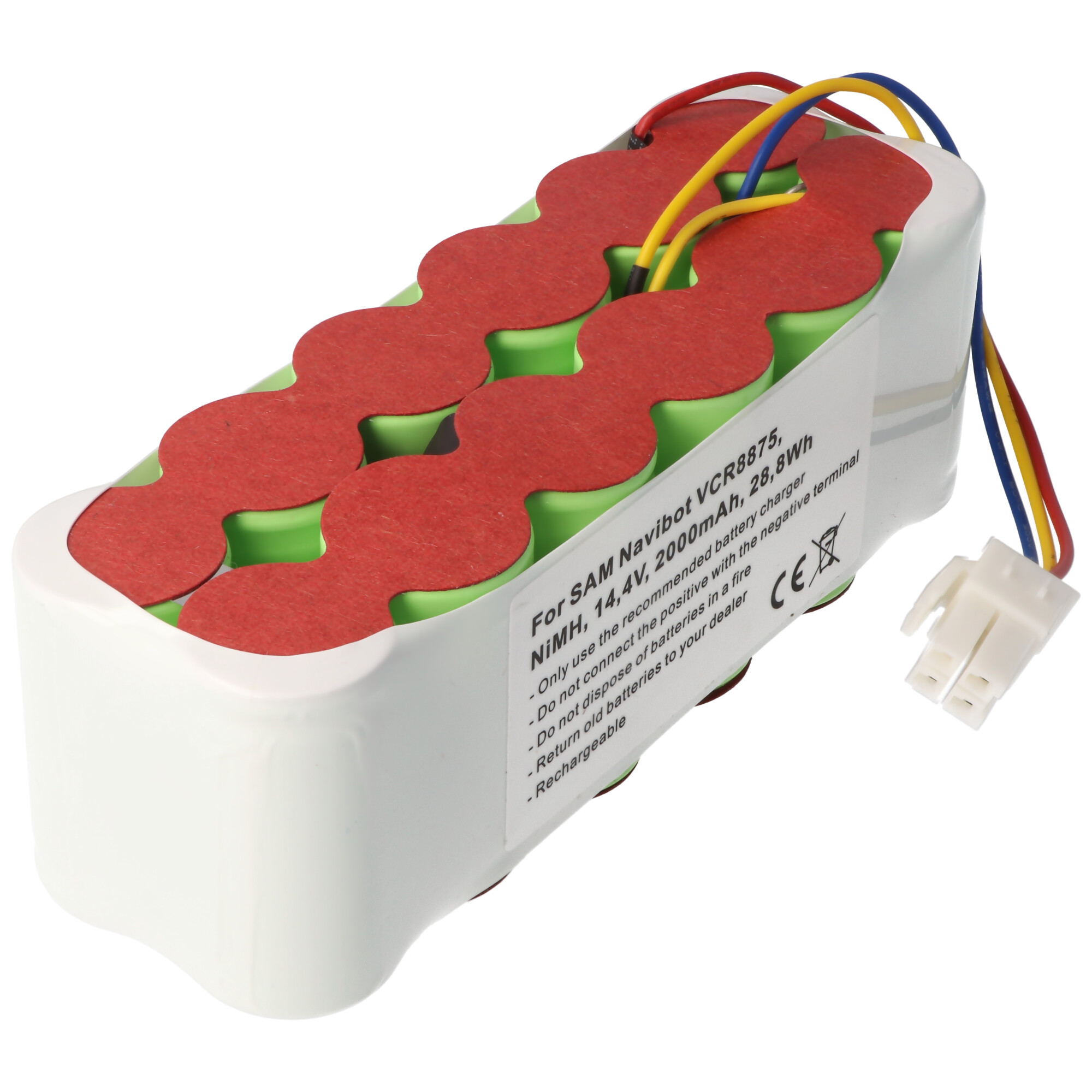 Ein rechteckiger Akku mit roten und grünen Akzenten, mit Drähten und einem Stecker.