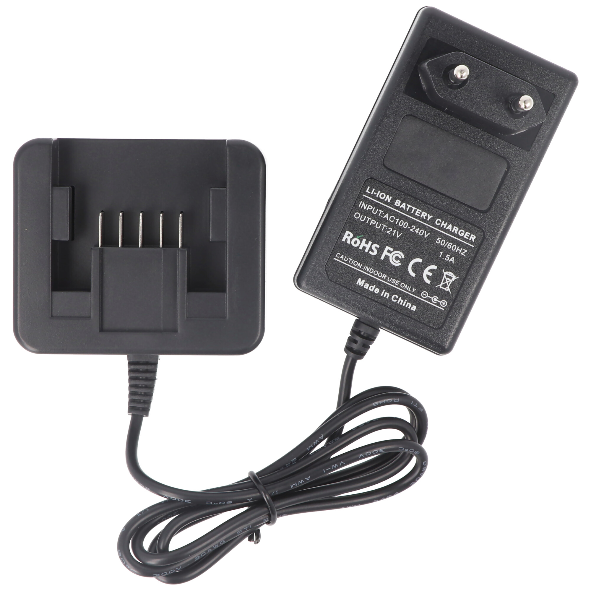 Schwarzes Li-Ion-Batterieladegerät mit schwarzem Netzteil und Ladeanschluss.
