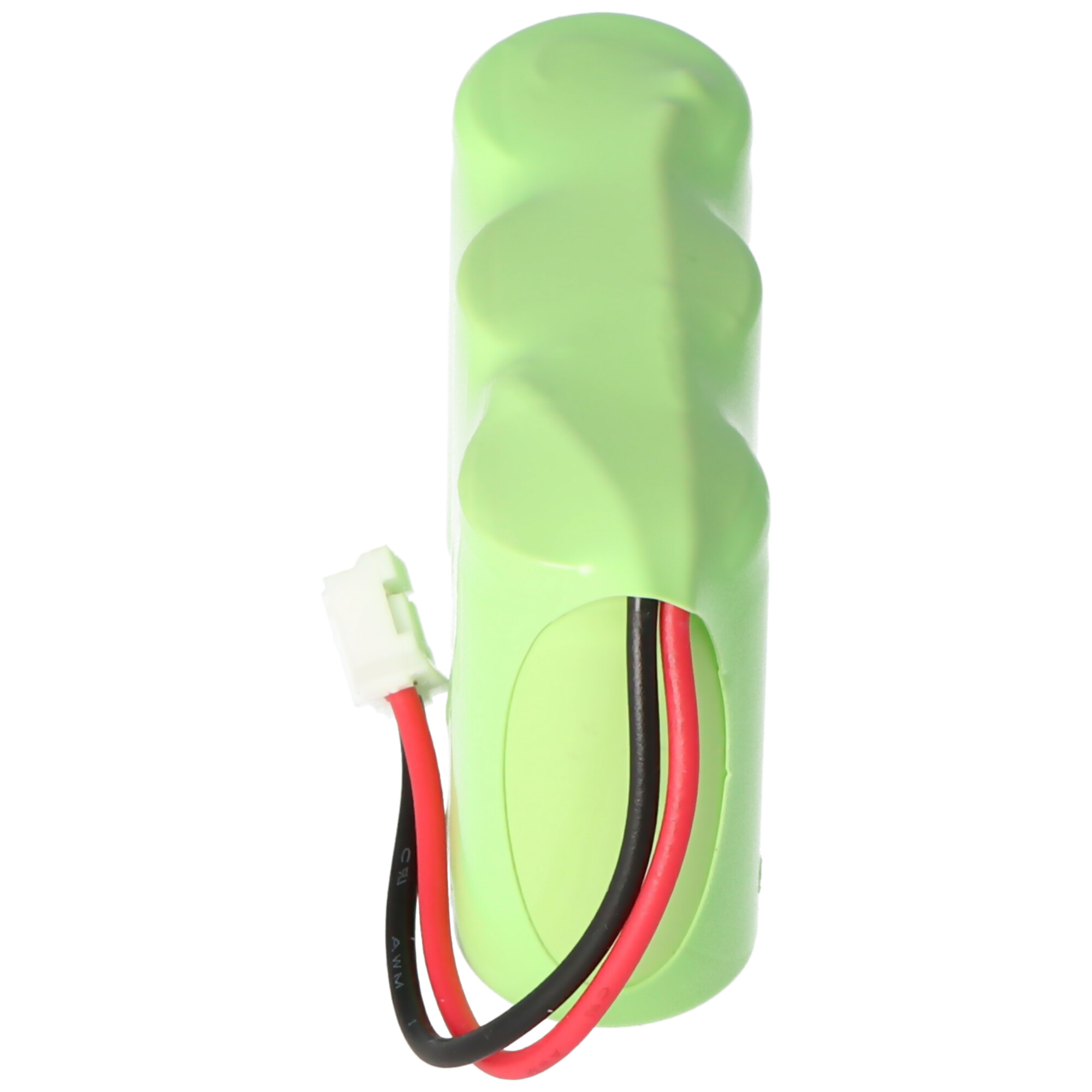 Eine grüne, zylindrische Batterie mit einem weißen Stecker und sichtbaren roten und schwarzen Drähten. Die Batterie ist vertikal.