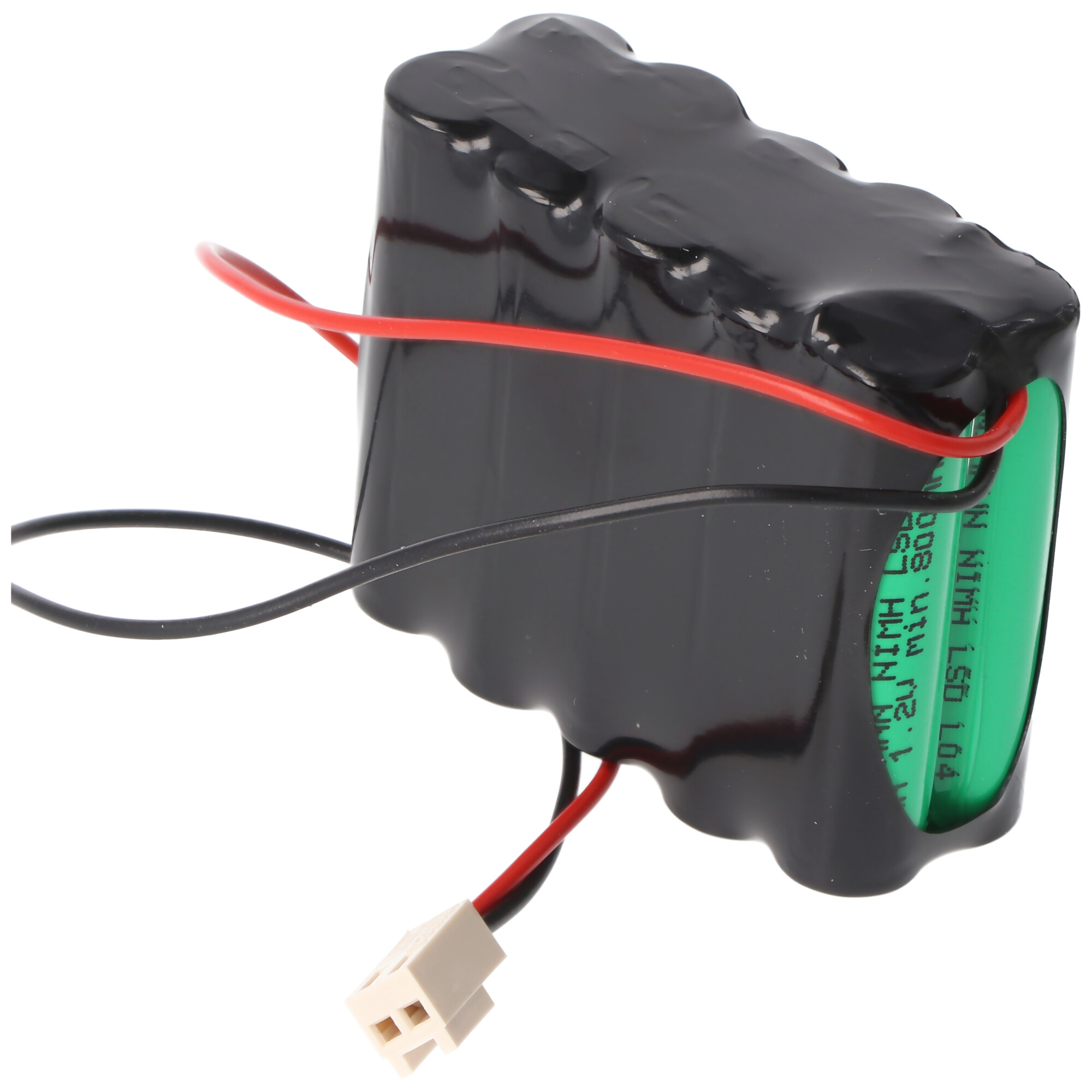 Schwarzes Batteriepack mit roten und schwarzen Drähten und einem weißen Stecker. Grünes Etikett sichtbar.
