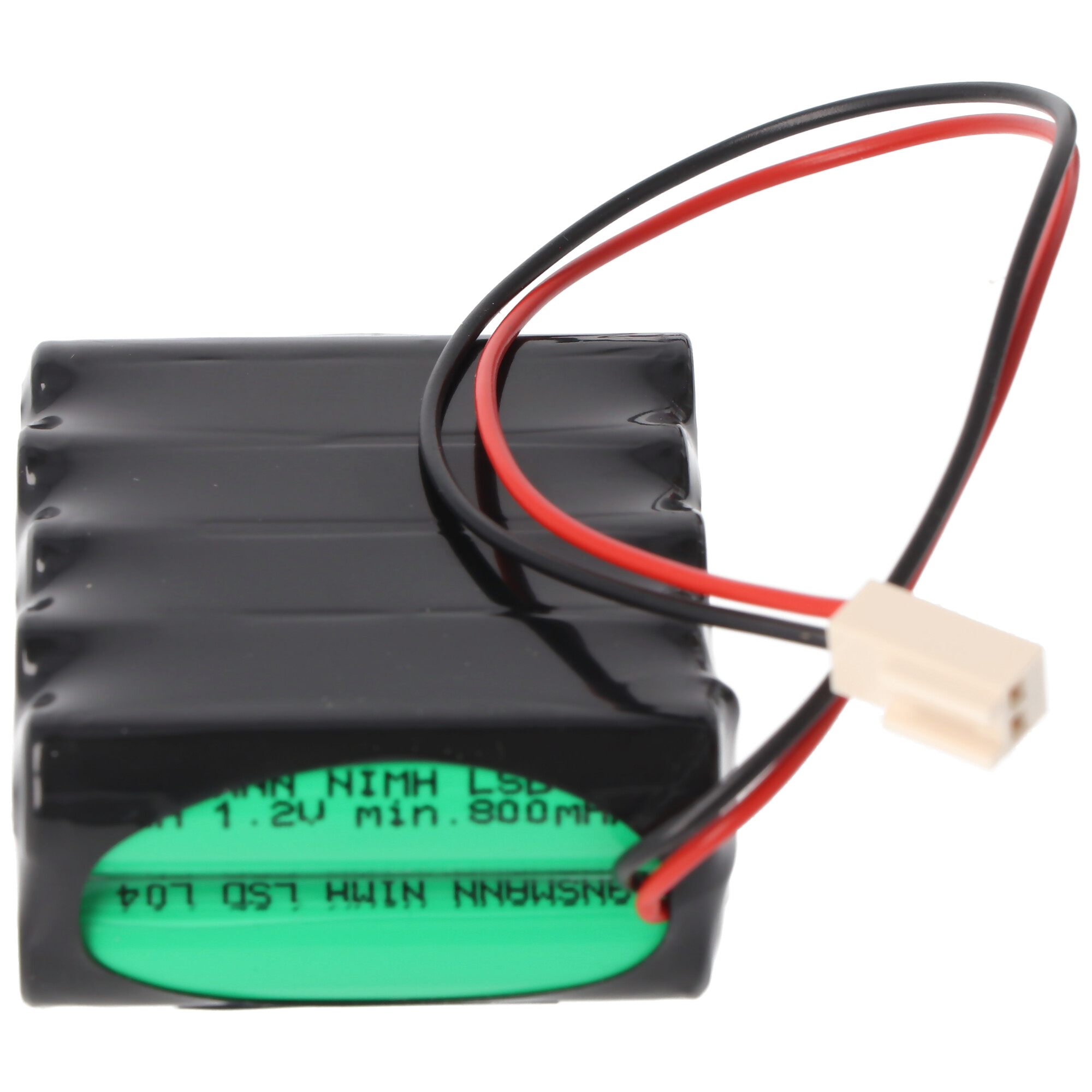 Batteriepack mit schwarzem Gehäuse, roten und schwarzen Drähten und einem weißen Stecker.
