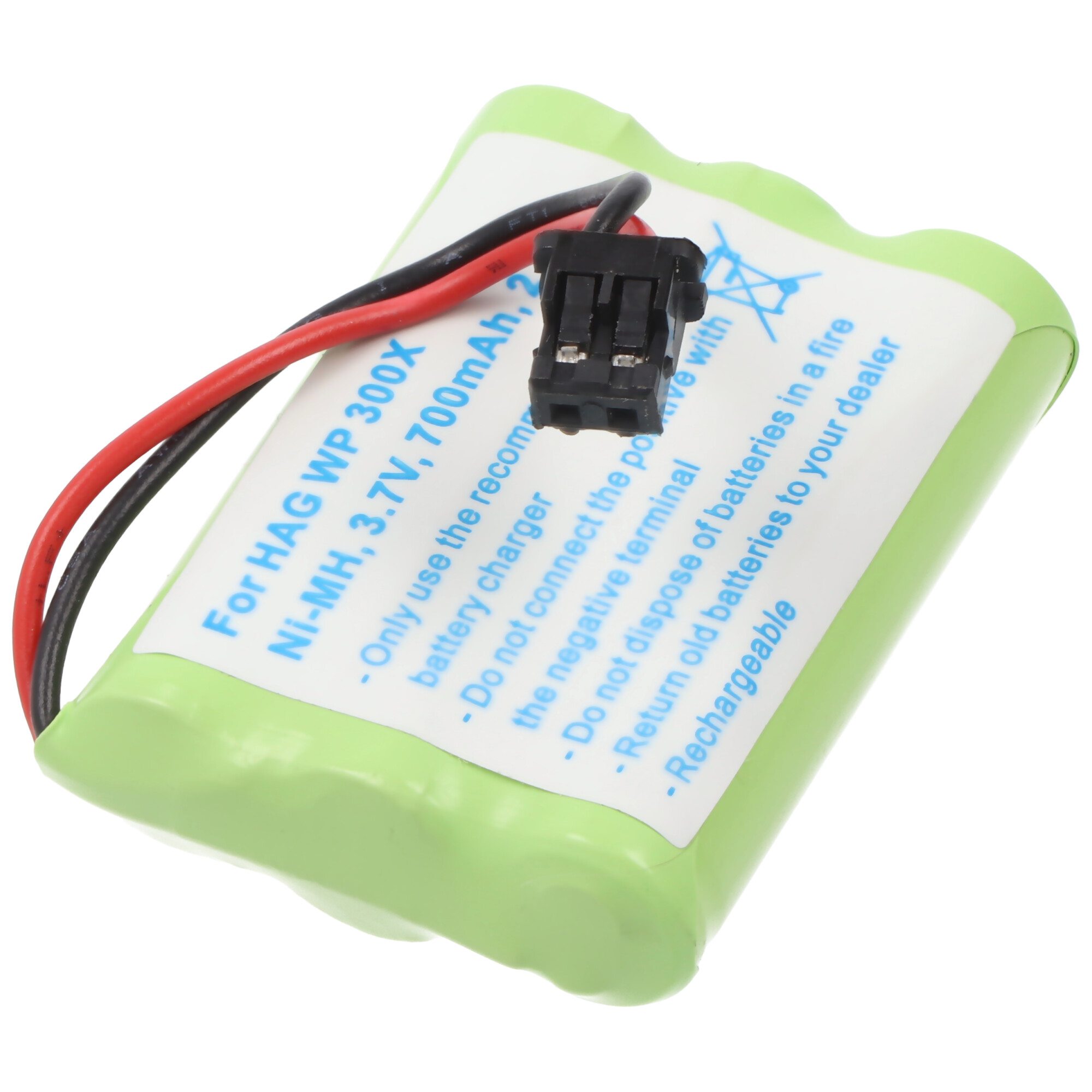 Ein grünes Batteriepack mit schwarzen und roten Drähten und einem Stecker.