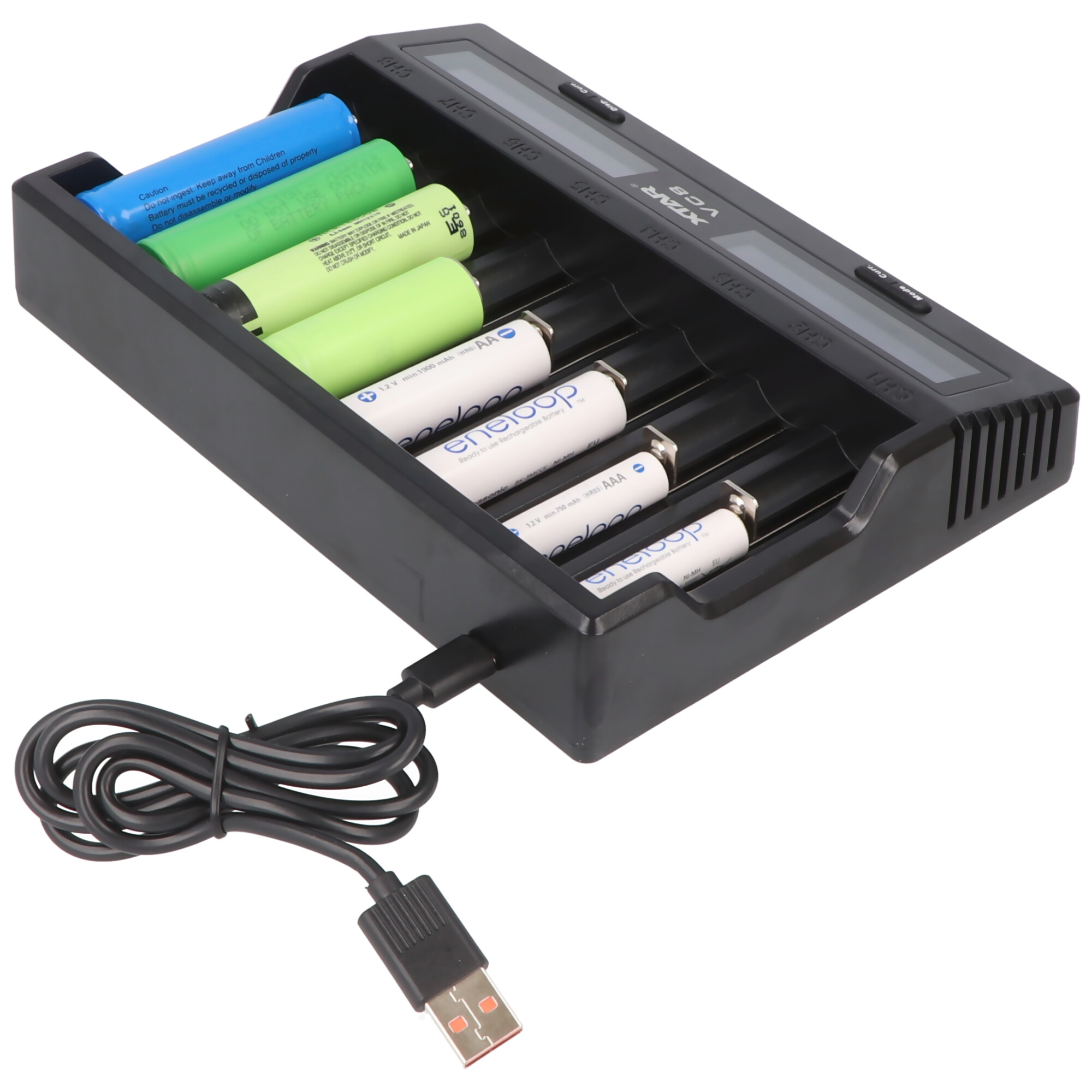 Ein schwarzes Batterieladegerät mit mehreren farbigen Batterien und einem Ladekabel.