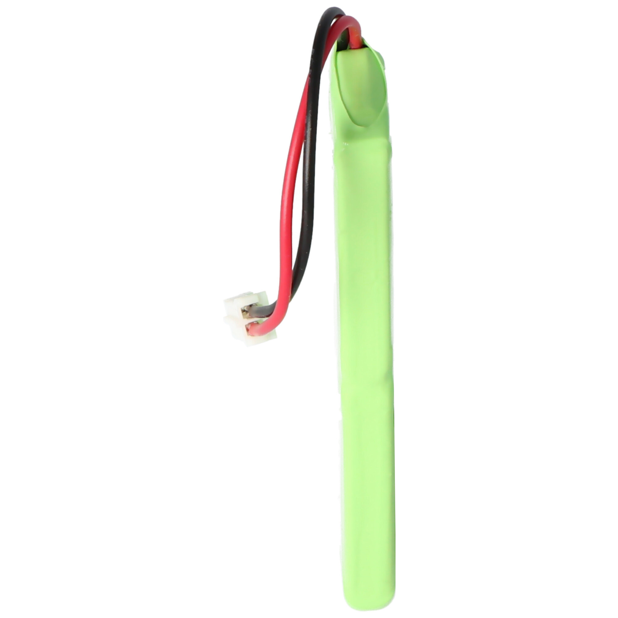 Eine grüne, zylindrische Batterie mit roten und schwarzen Drähten, die von oben herausragen, auf weißem Hintergrund.