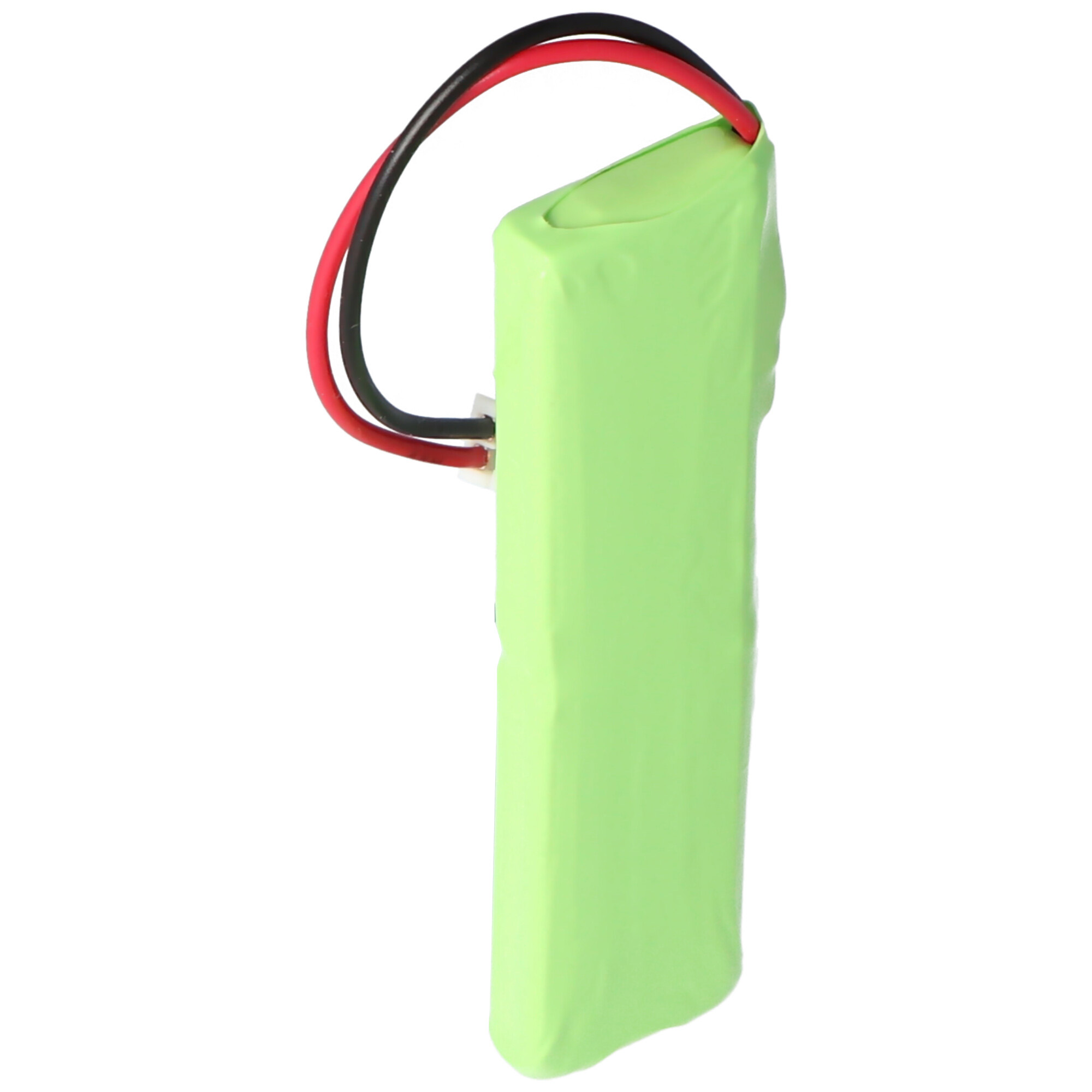 Grüne Batterie mit roten und schwarzen Drähten. Weißer Hintergrund.