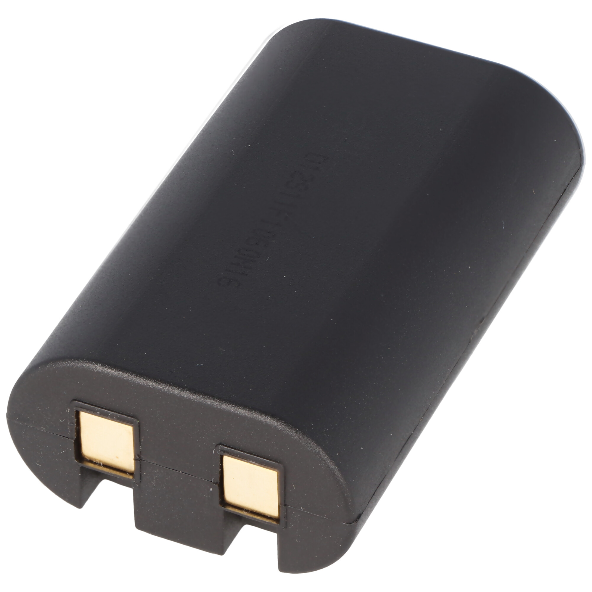 Schwarze Batterie mit zwei goldfarbenen Kontakten.