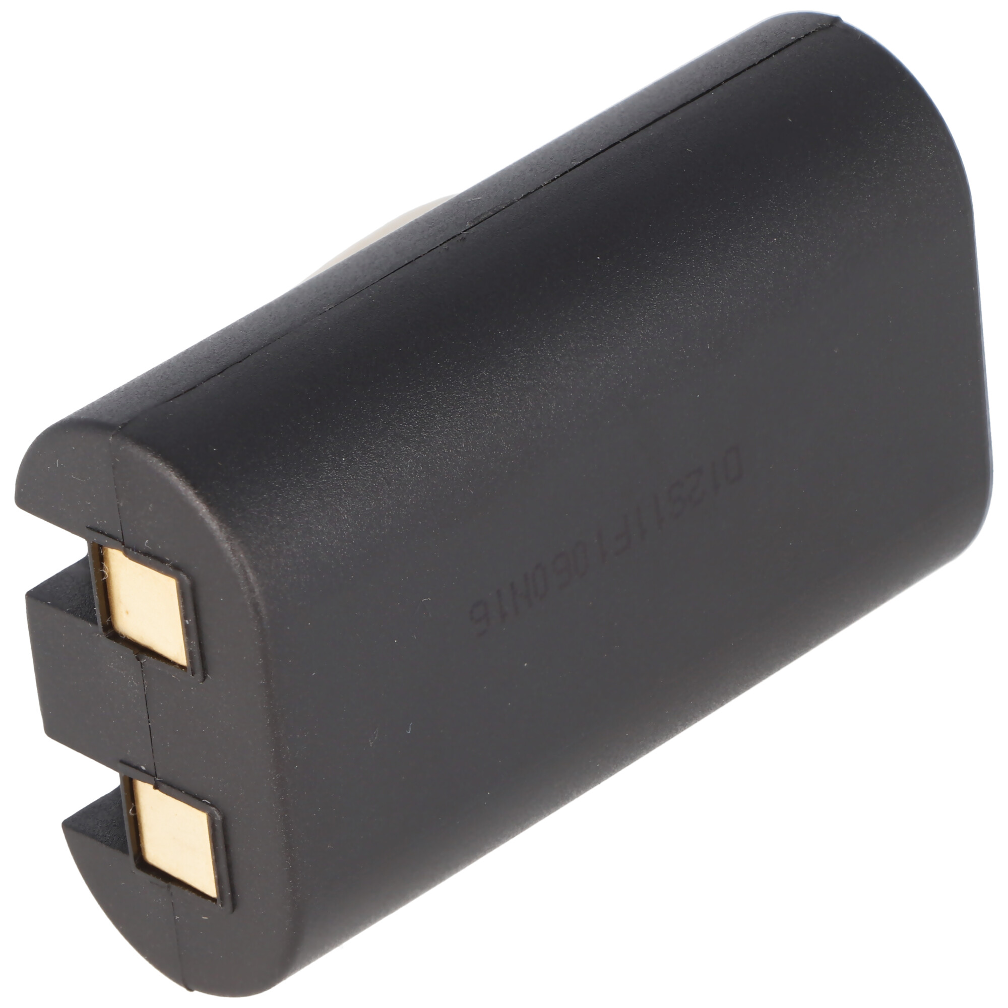 Schwarze Batterie mit Goldkontakten. Rechteckige Form mit gewölbter Oberseite.