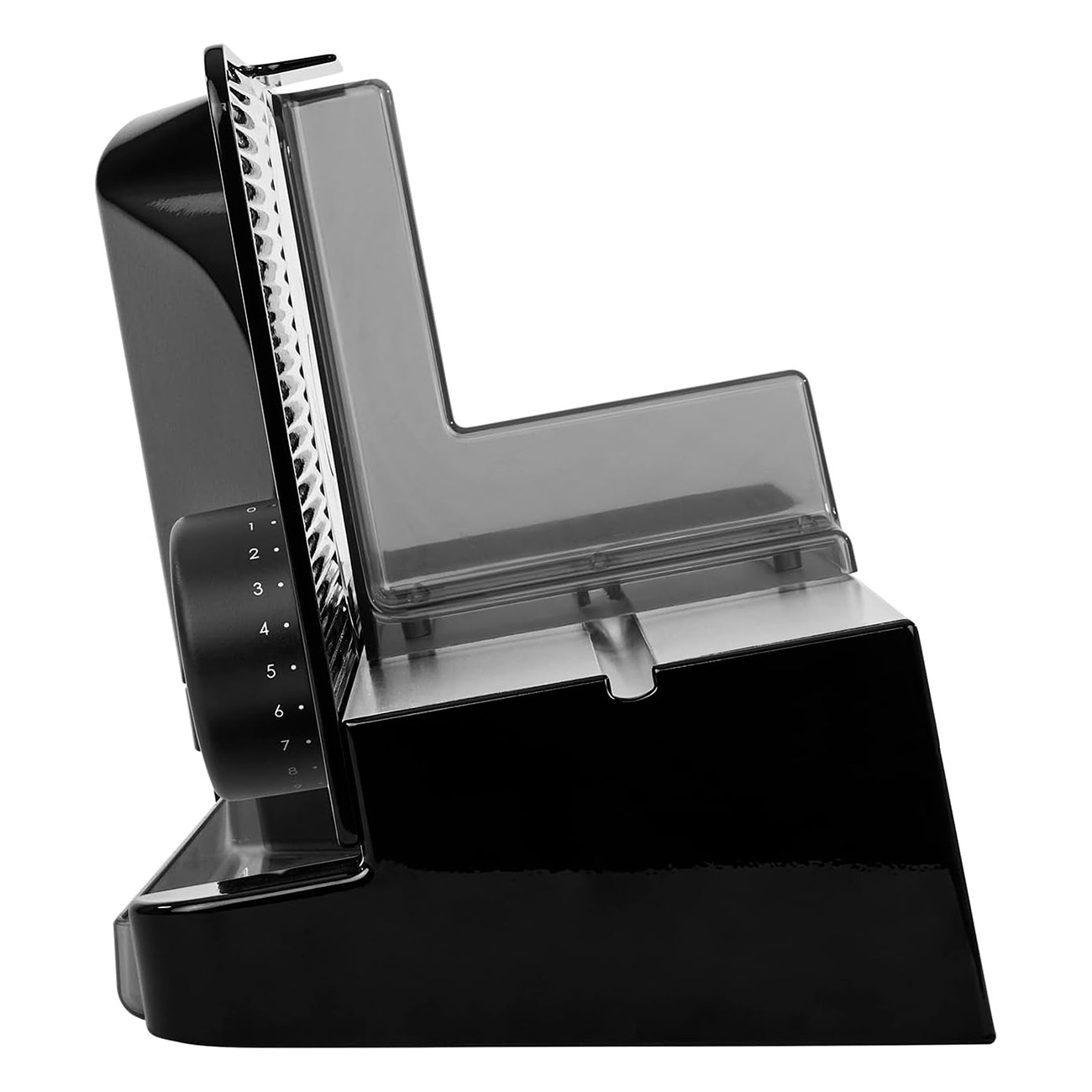 Czarna krajalnica do żywności z ciemnoszarą regulacją ostrza i przezroczystym uchwytem na żywność.