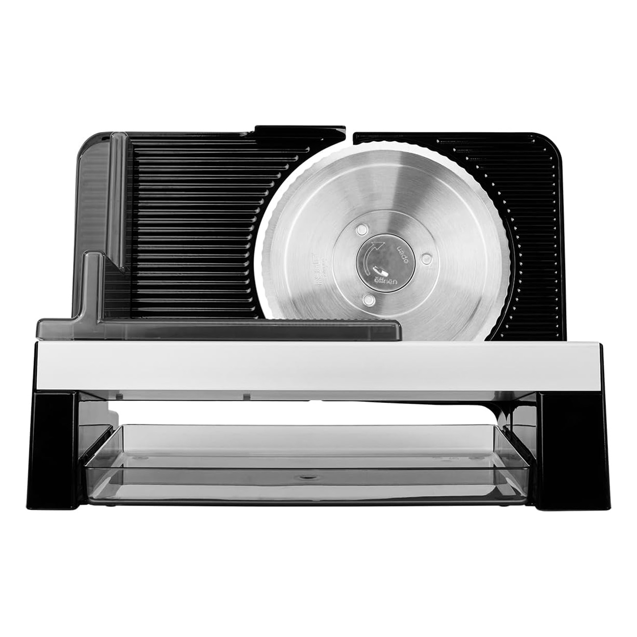 Czarna i srebrna krajalnica do żywności z dużym, okrągłym ostrzem i przezroczystą tacą.