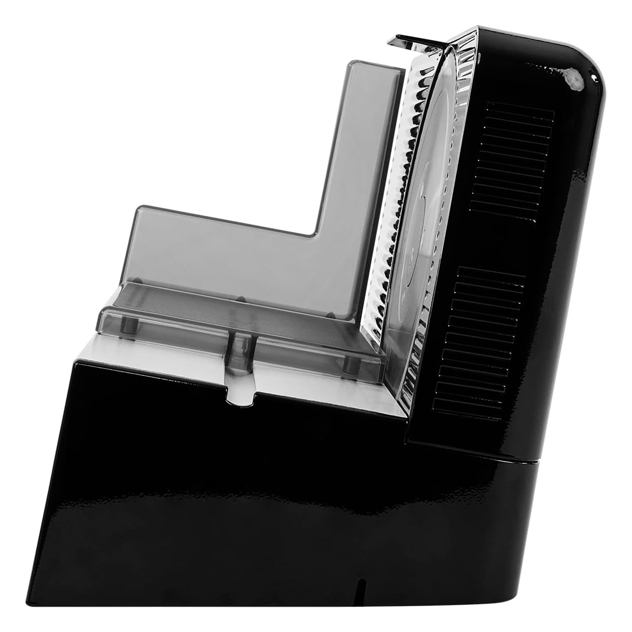 Czarna krajalnica do mięsa. Posiada ostrze i szary plastikowy element. Widok pod kątem.