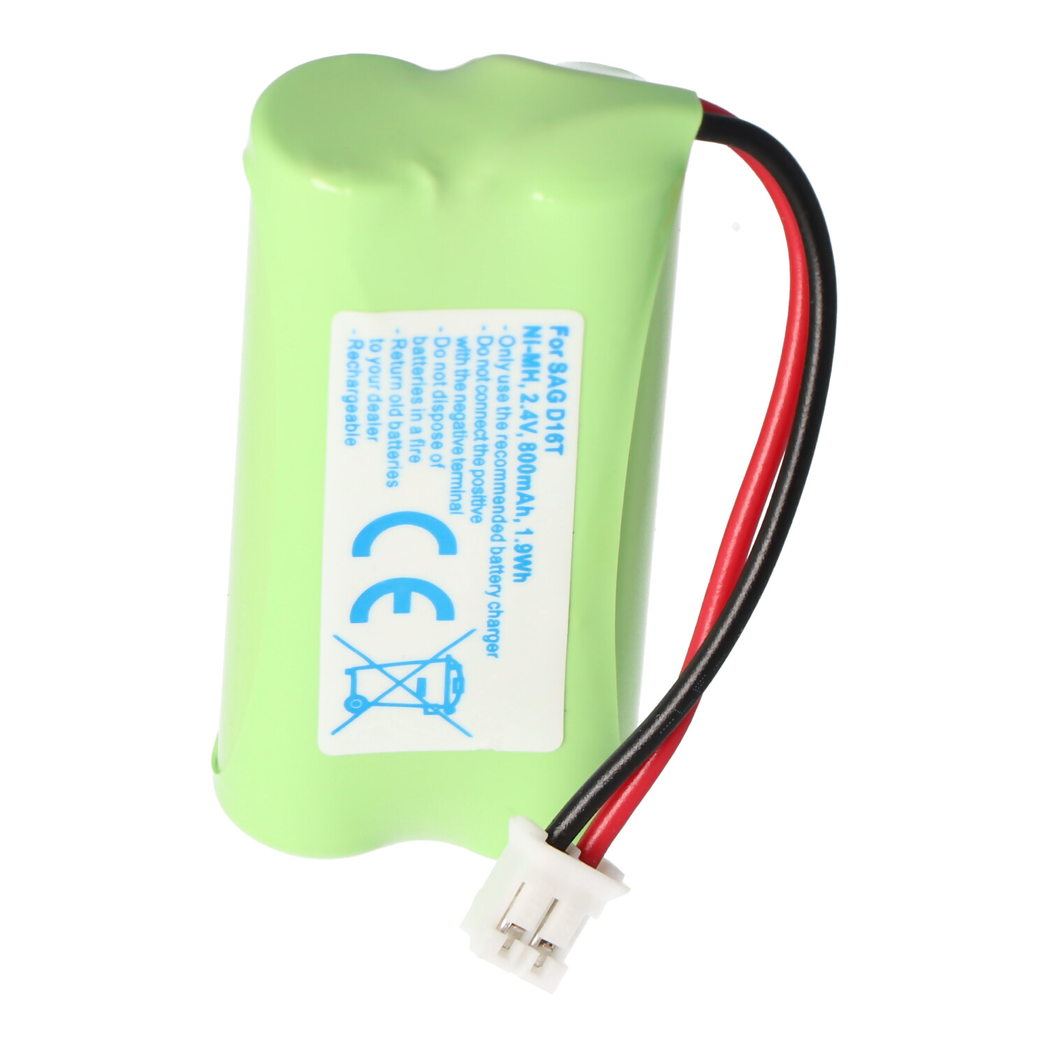 Eine grüne zylindrische Batterie mit schwarzen und roten Drähten und einem weißen Stecker.