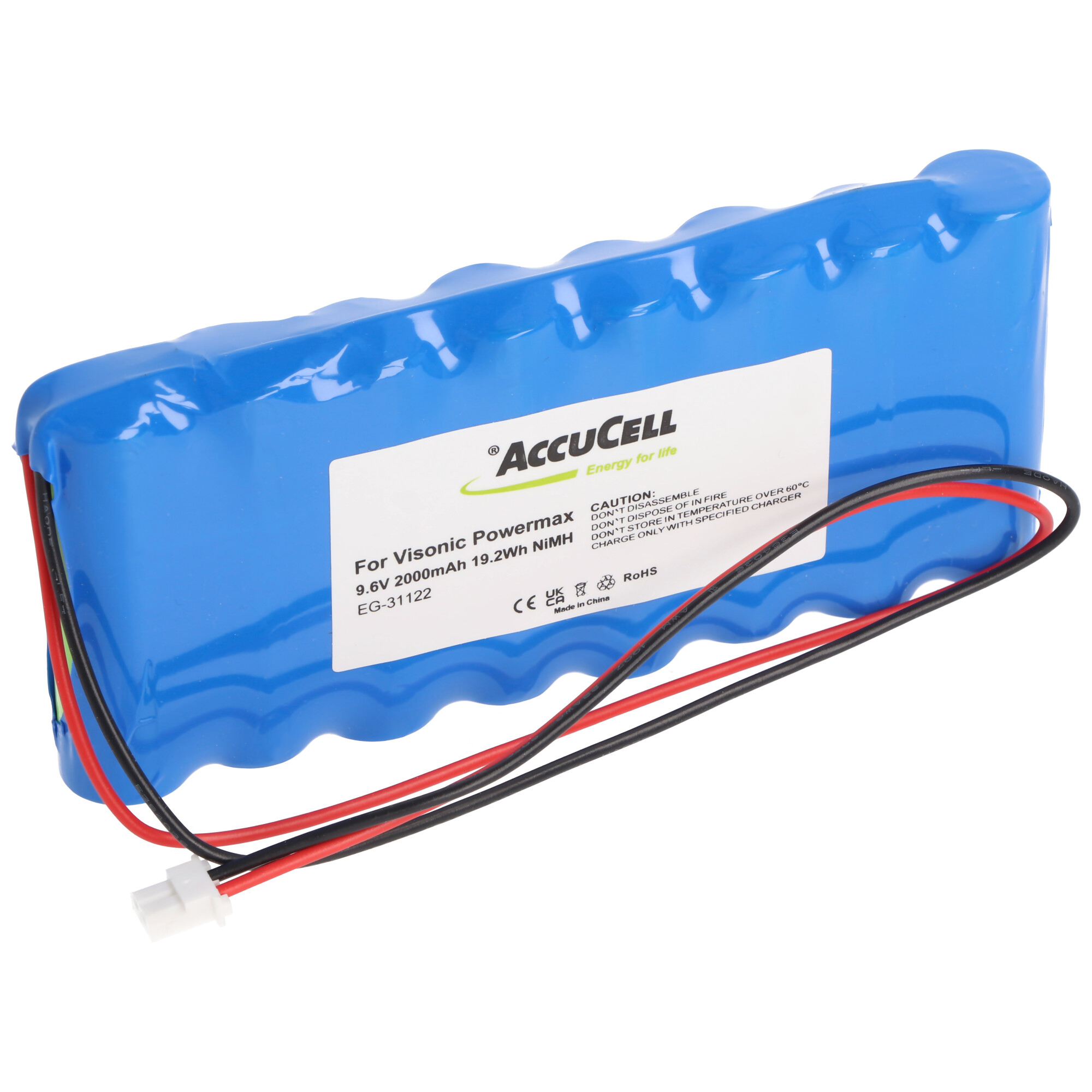 Blauer Akku-Pack mit Kabeln. Das Etikett lautet AccuCell. Die Drähte sind schwarz und rot mit einem weißen Stecker.