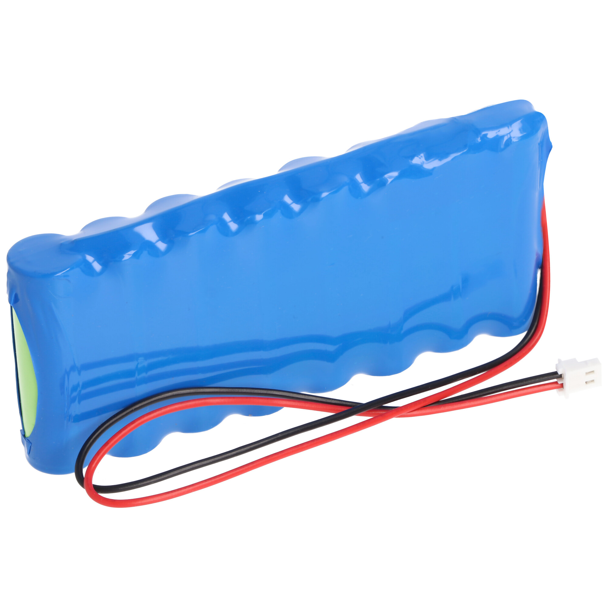 Ein blaues Akku-Pack mit schwarzen und roten Drähten und einem weißen Stecker.