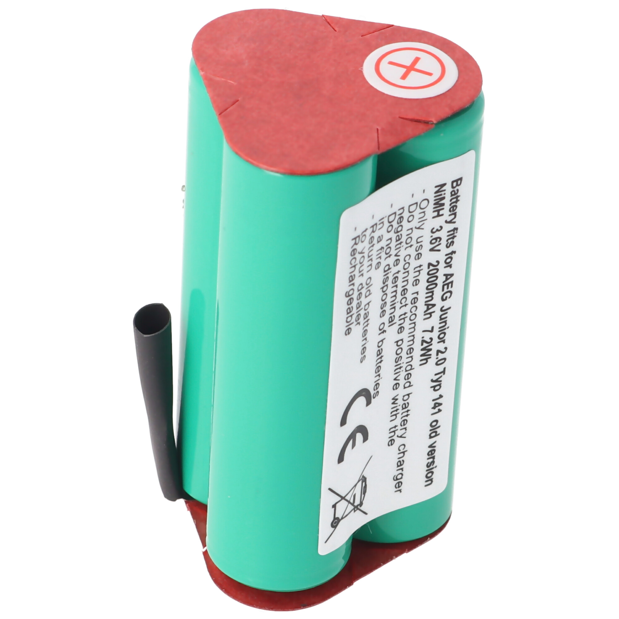 Ein wiederaufladbarer Akku für AEG Junior 14V, mit Warnhinweisen und schwarzem Schutz.