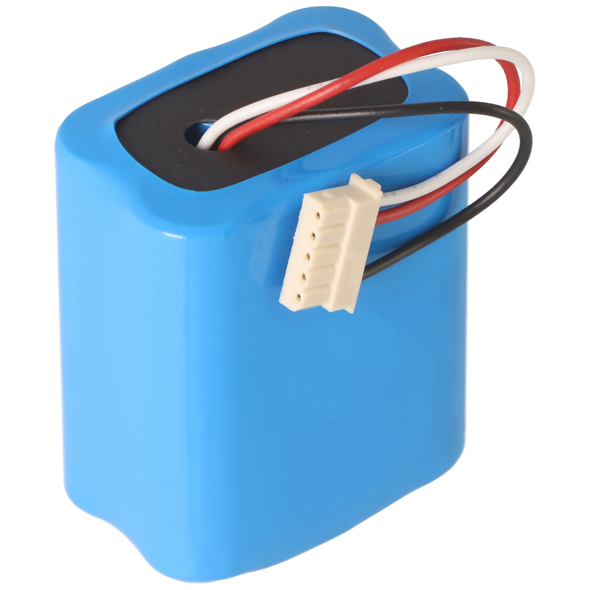 Ein blaues Akku-Pack mit drei Drähten und einem weißen Stecker. Drähte: rot, weiß, schwarz.