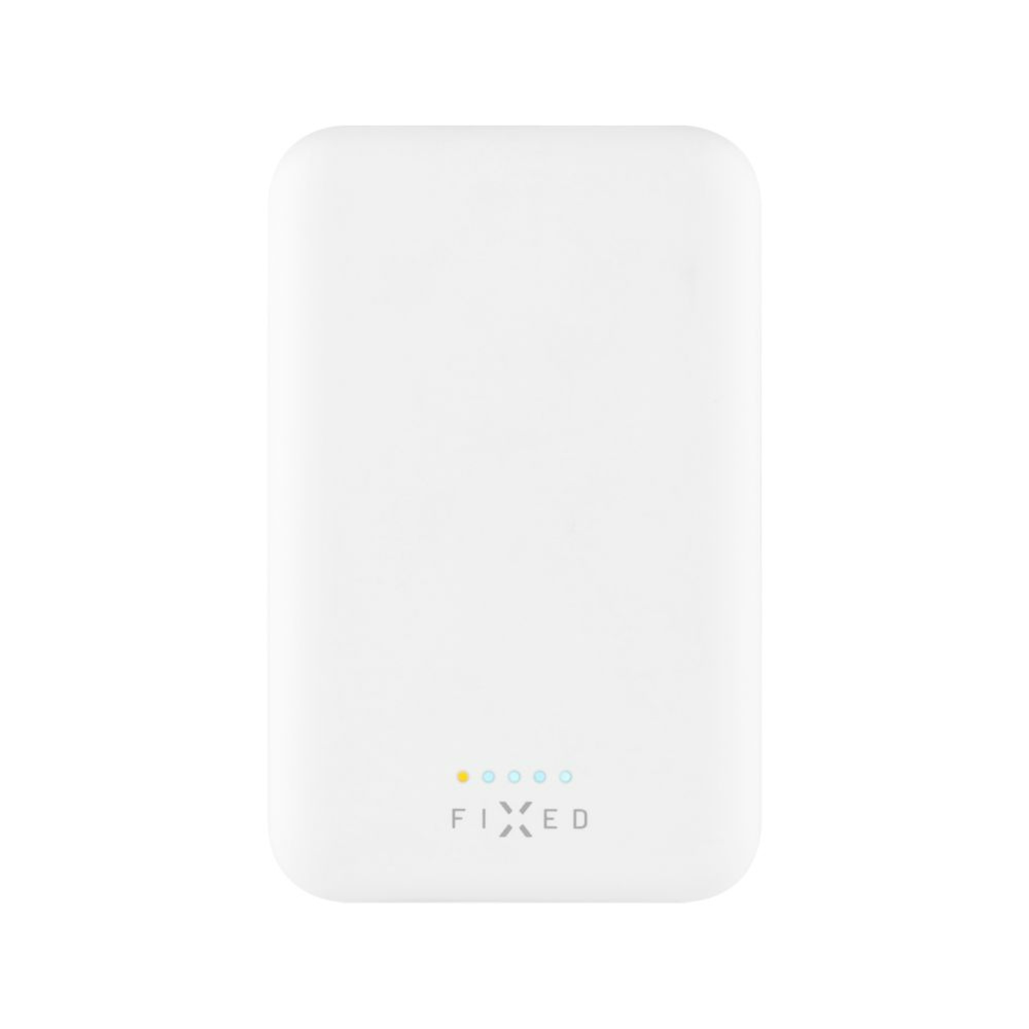 Eine weiße rechteckige Powerbank mit dem Wort „FIXED“ darauf, isoliert auf Weiß.
