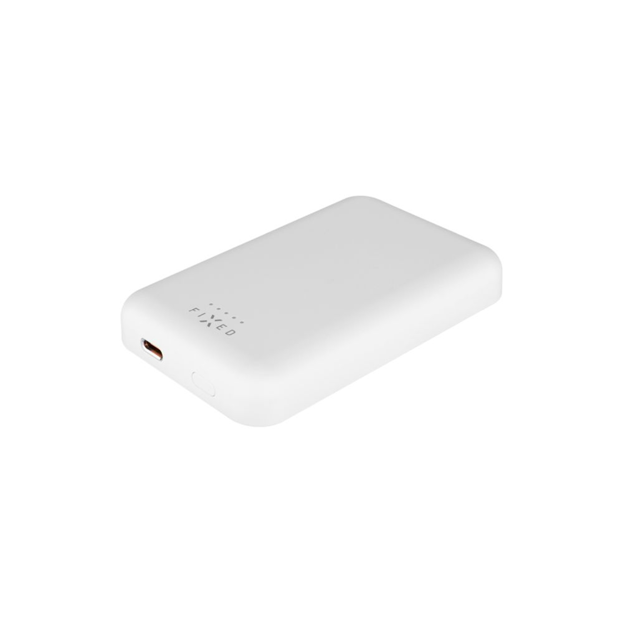 Weiße Powerbank mit dem Wort FIXED darauf, isoliert auf weißem Hintergrund.