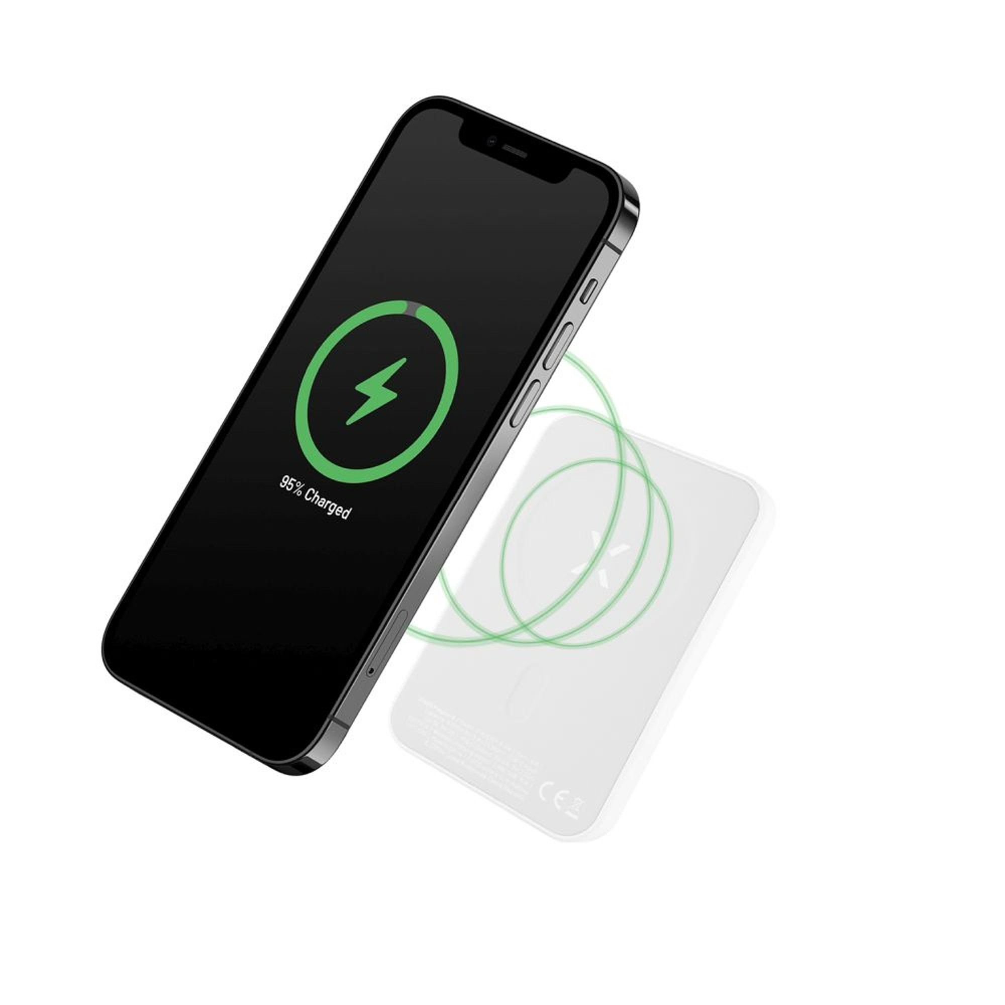 Ein schwarzes Telefon, das drahtlos auf einem weißen Ladepad geladen wird, zeigt 95% geladen.