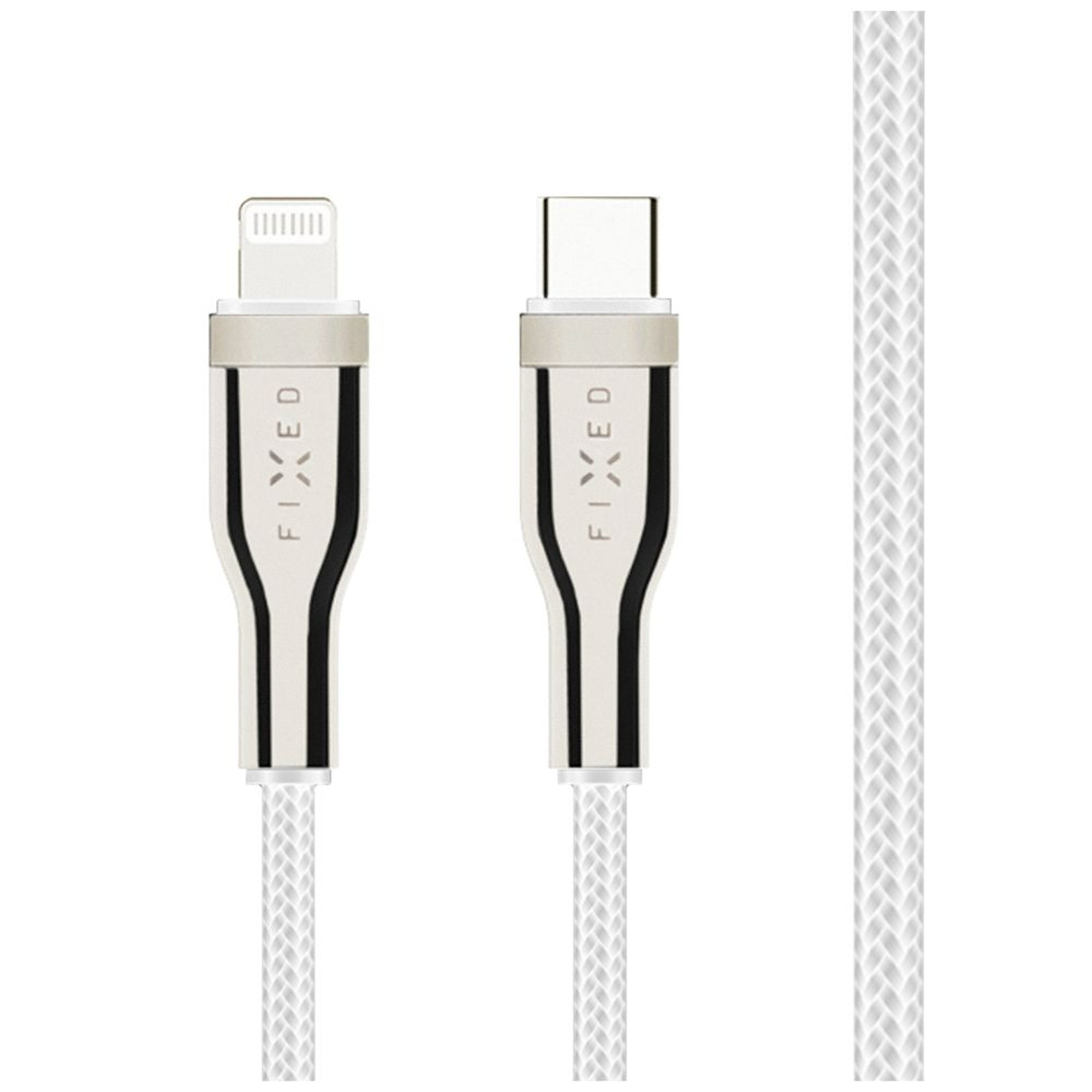 Weißes geflochtenes Kabel mit Lightning-Anschluss und USB-C-Anschluss.