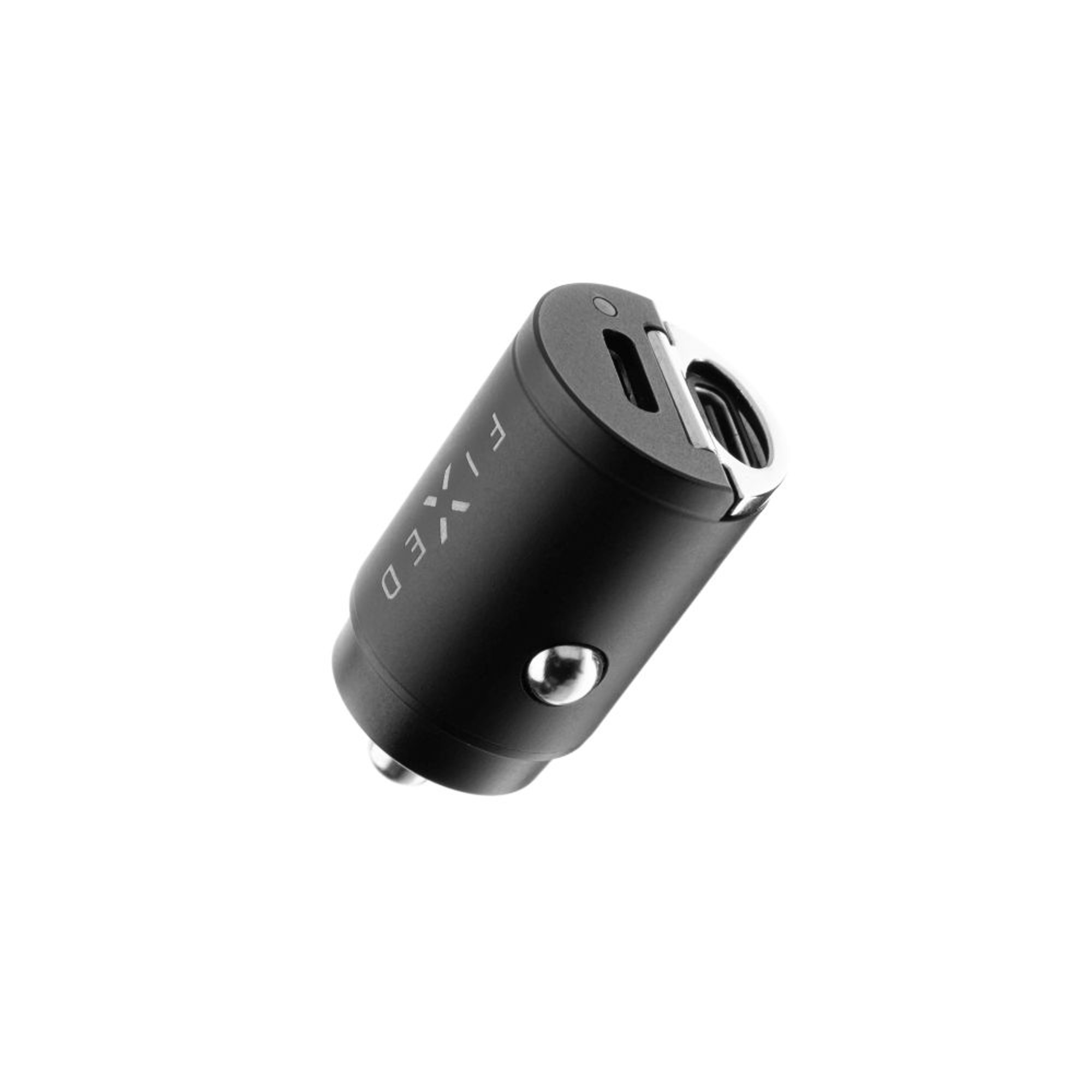 Caricatore per auto nero con porta USB e anello metallico in alto.