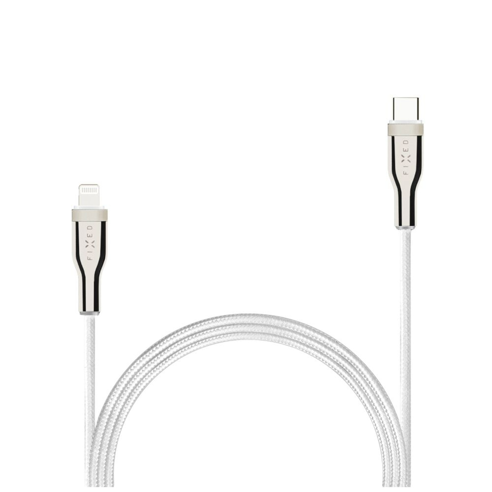 Weiße Ladekabel mit 'FIXED'-Logo an jedem Ende. Lightning- und USB-C-Anschlüsse. Weißer Hintergrund.