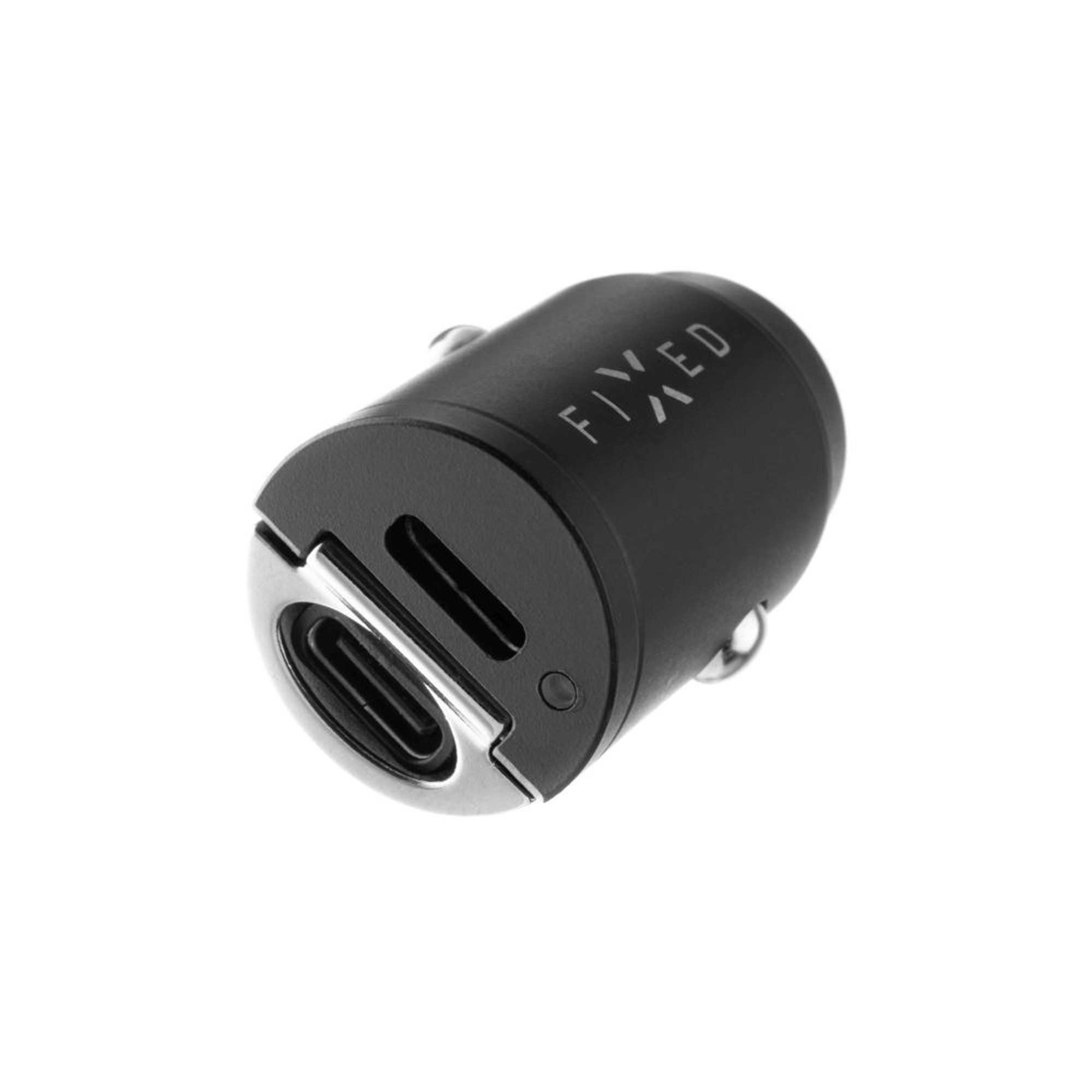 Adattatore caricabatterie per auto USB-C nero. Ha due porte e un anello metallico argentato.