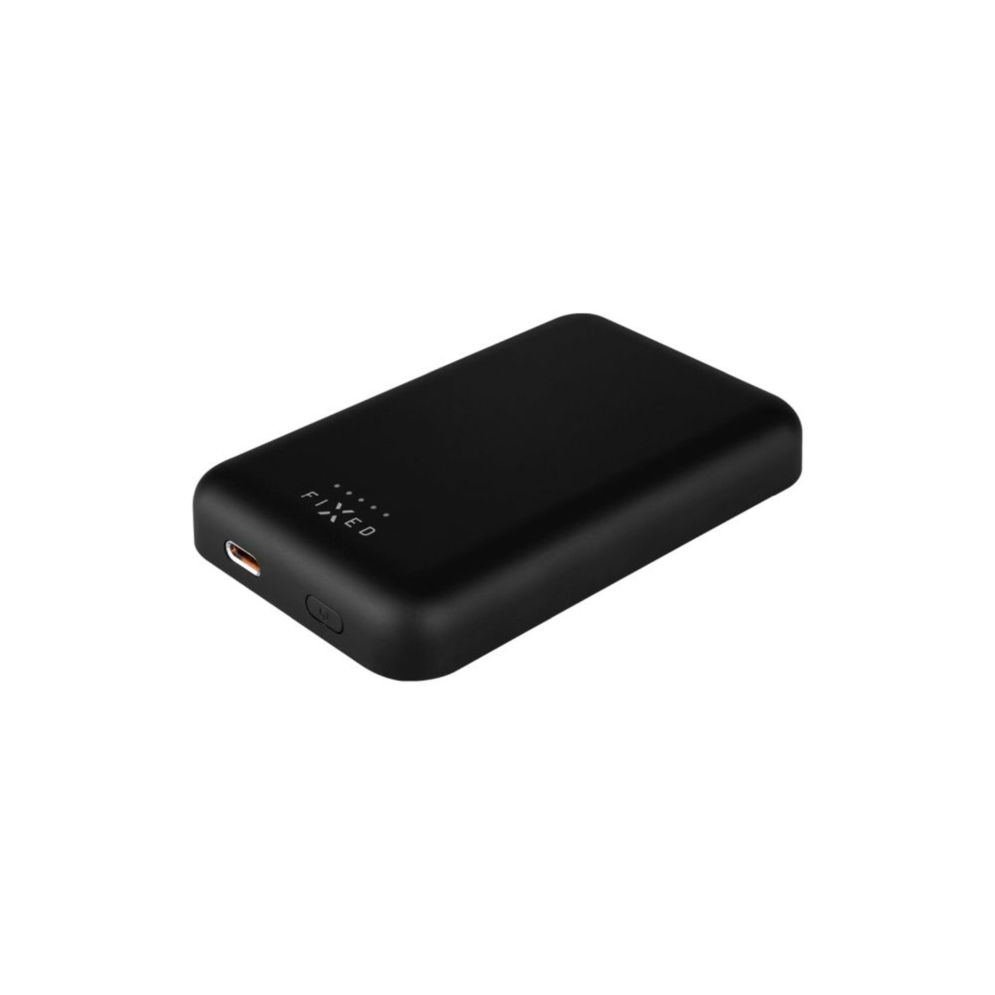 Schwarze rechteckige Powerbank mit dem Wort 'FIXED'. Hat einen Anschluss und eine Taste.