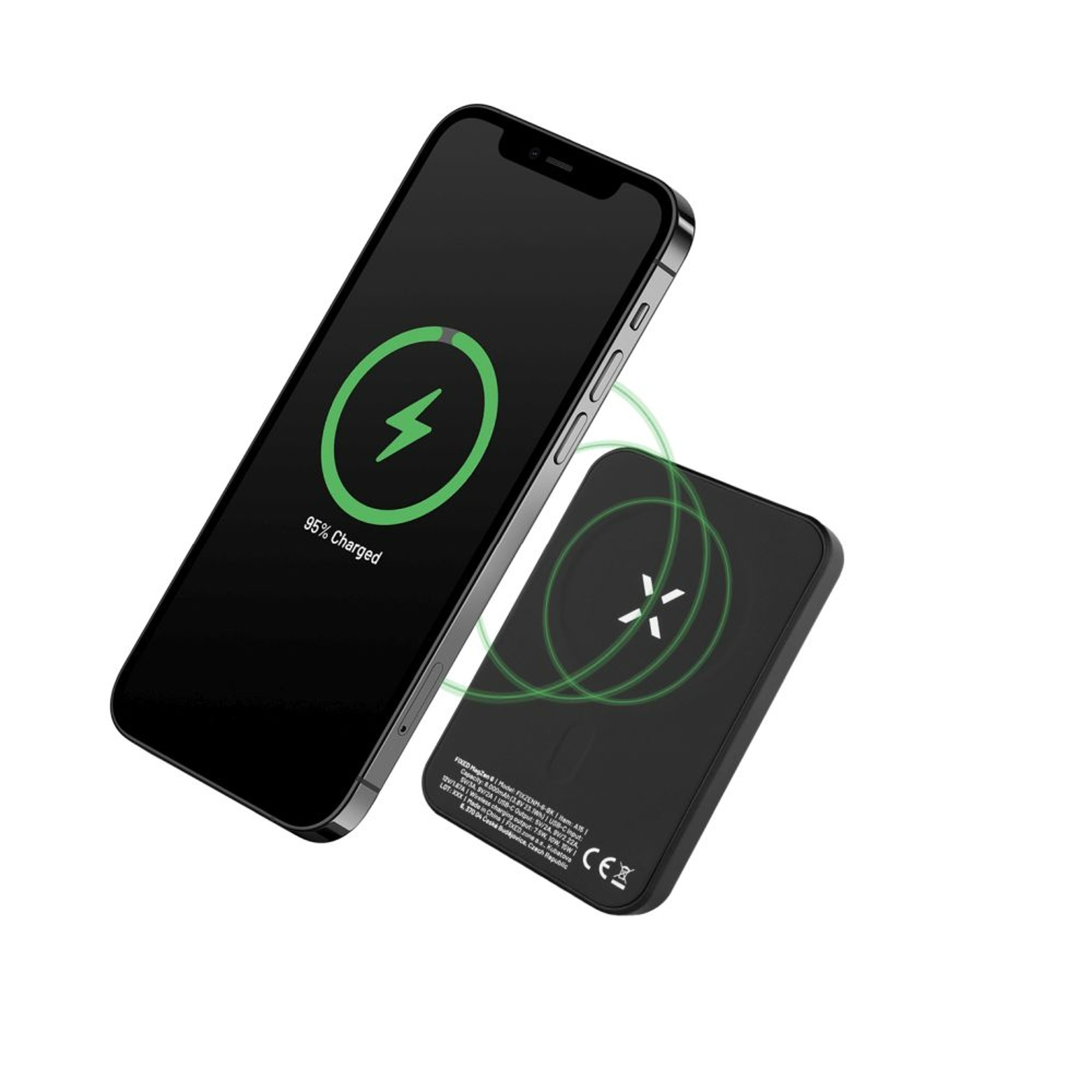 Ein schwarzes Telefon, das kabellos geladen wird. Das Telefon zeigt 95 % Aufladung an. Ein kabelloses Ladegerät ist ebenfalls sichtbar.
