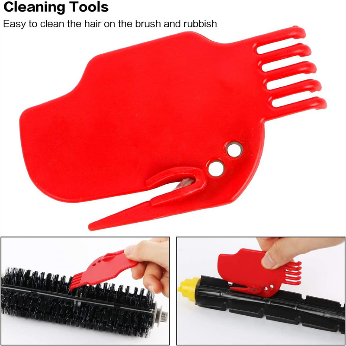 Czerwone narzędzie do czyszczenia. Obraz przedstawia narzędzie i zbliżenia na jego użycie na szczotce.