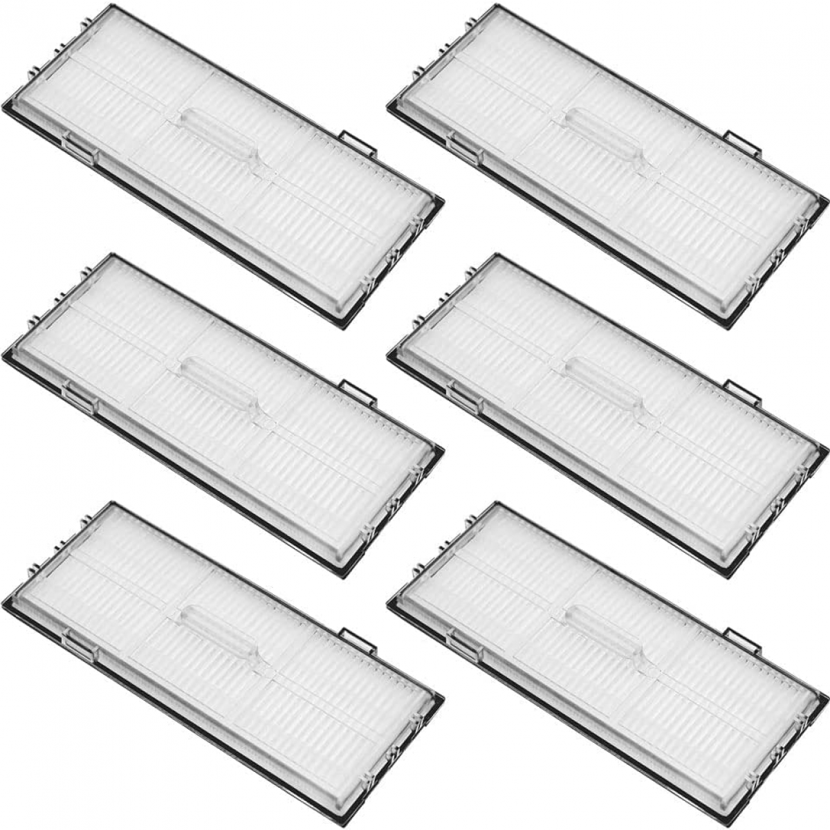 Sześć prostokątnych filtrów do odkurzacza z czarną ramką i białym materiałem filtracyjnym w środku.