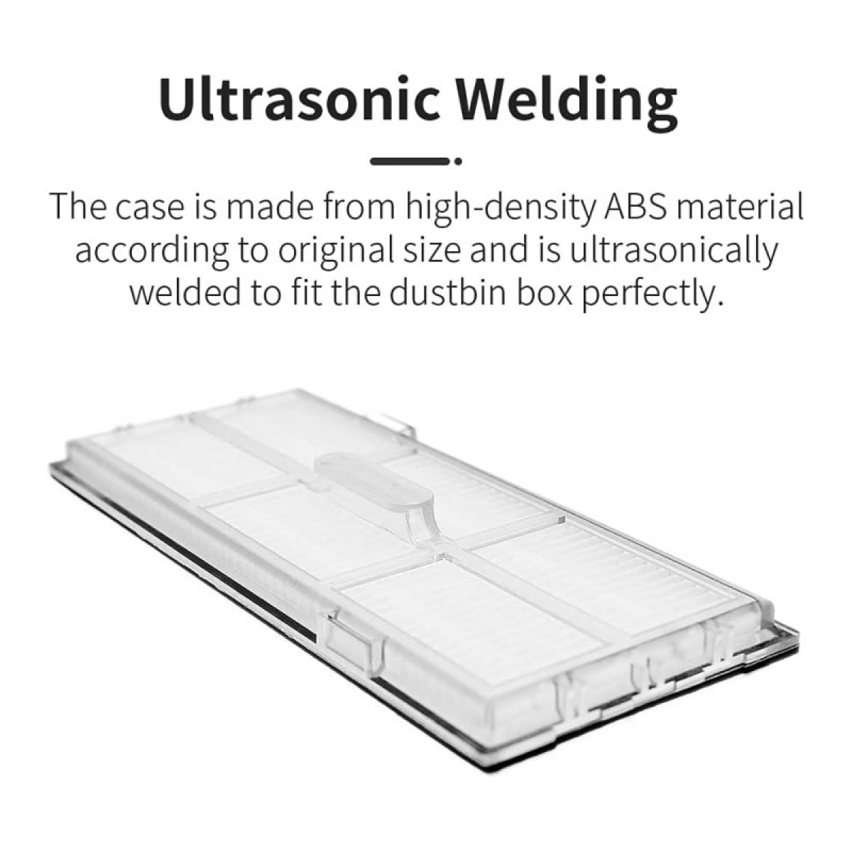 Przezroczysty plastikowy filtr powietrza do odkurzacza. Białe tło. Tekst o zgrzewaniu ultradźwiękowym.