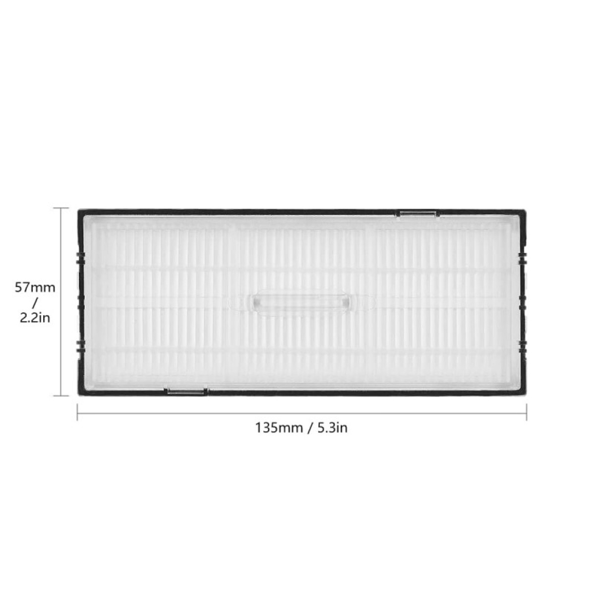 Prostokątny filtr powietrza z wymiarami w mm i calach.