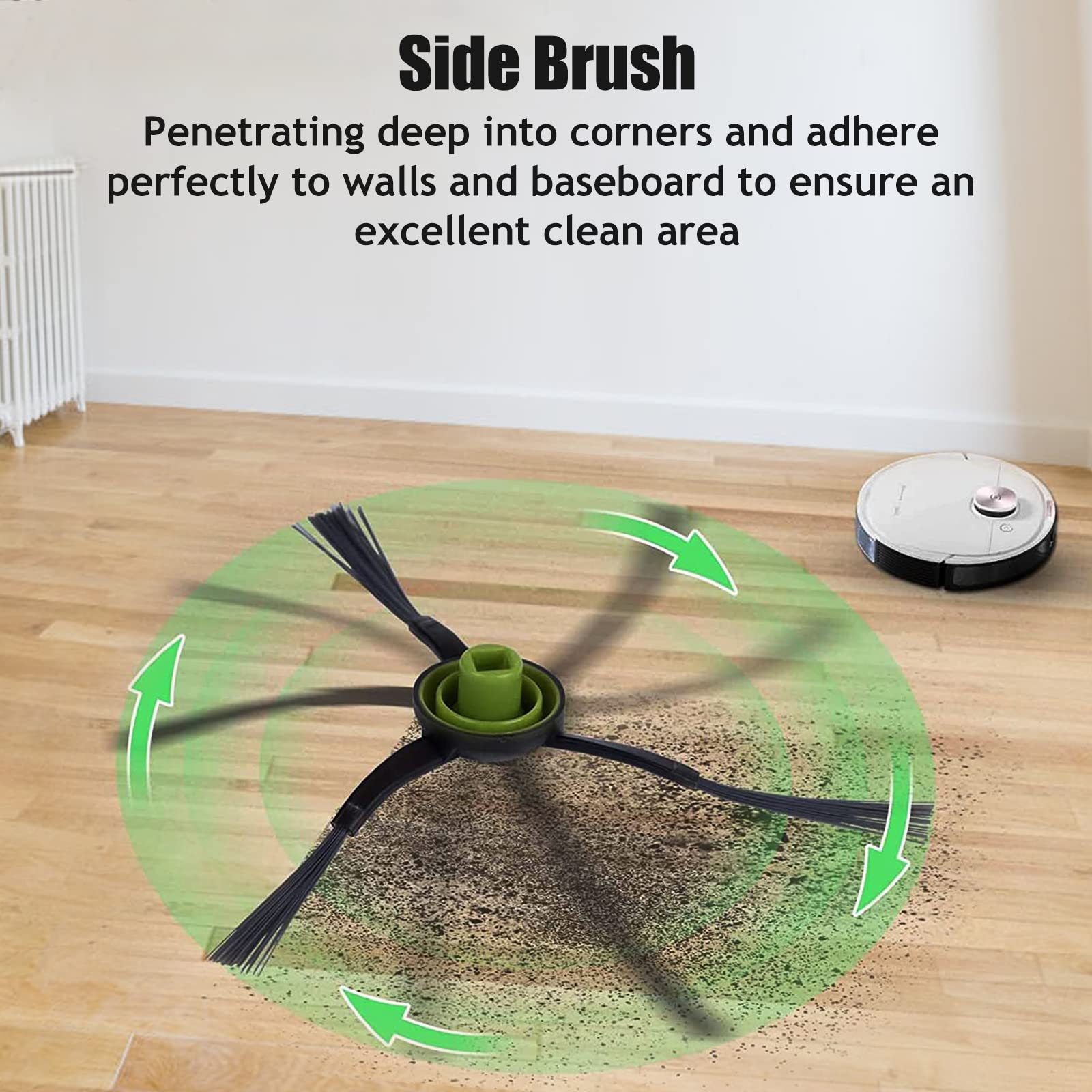 Robot odkurzacz z obracającymi się szczotkami czyszczący drewnianą podłogę. Zielone strzałki wskazują kierunek.
