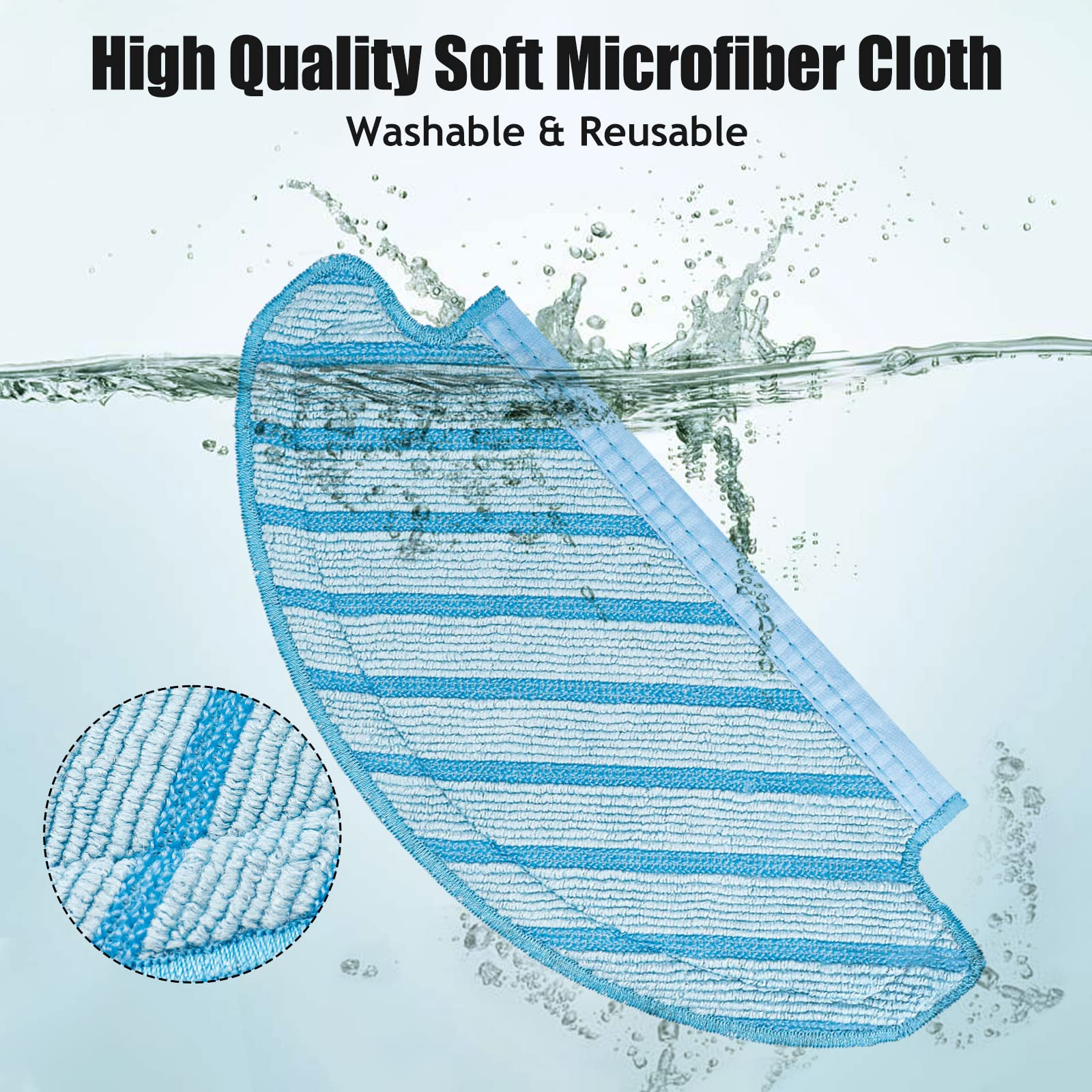 Niebieska i biała ściereczka z mikrofibry w paski, ze zbliżeniem na tkaninę i rozpryskami wody.