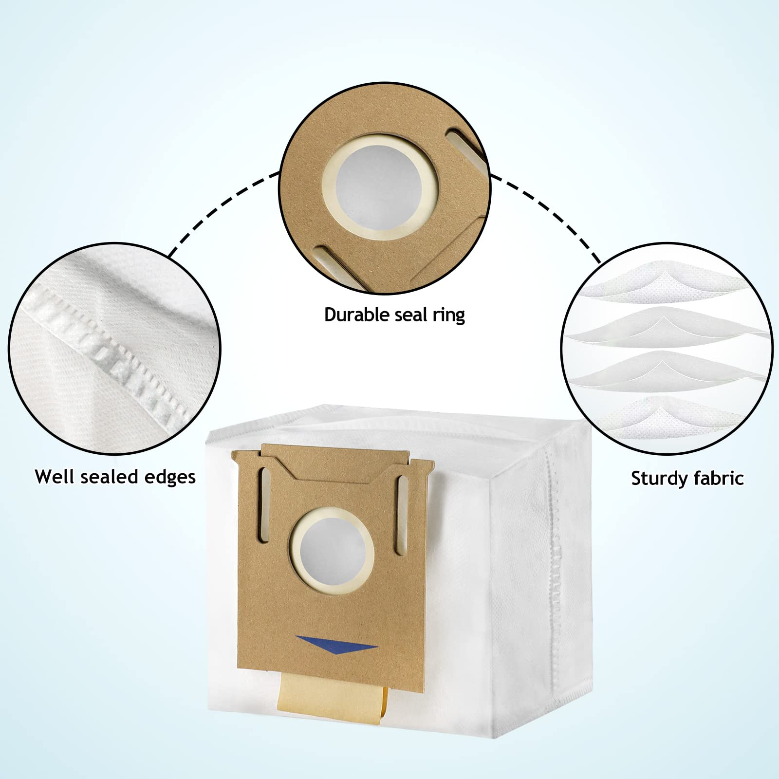 Worek do odkurzacza ze szczegółowymi widokami dobrze uszczelnionych krawędzi, wytrzymałej tkaniny i pierścienia uszczelniającego.