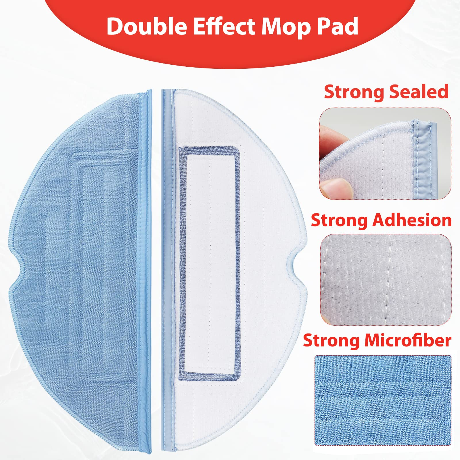 Niebieska i biała nakładka do mopa z trzema zbliżeniami pokazującymi mocne uszczelnienie, przyczepność i mikrofibrę.